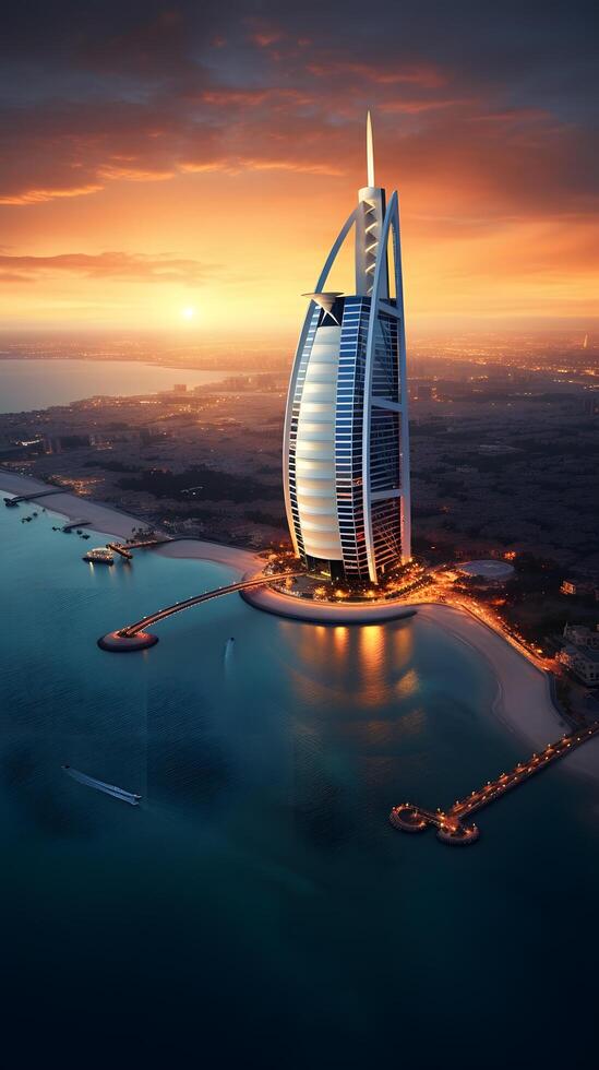 AI generated Burj Al Arab at sunset in Dubai, United Arab Emirates photo