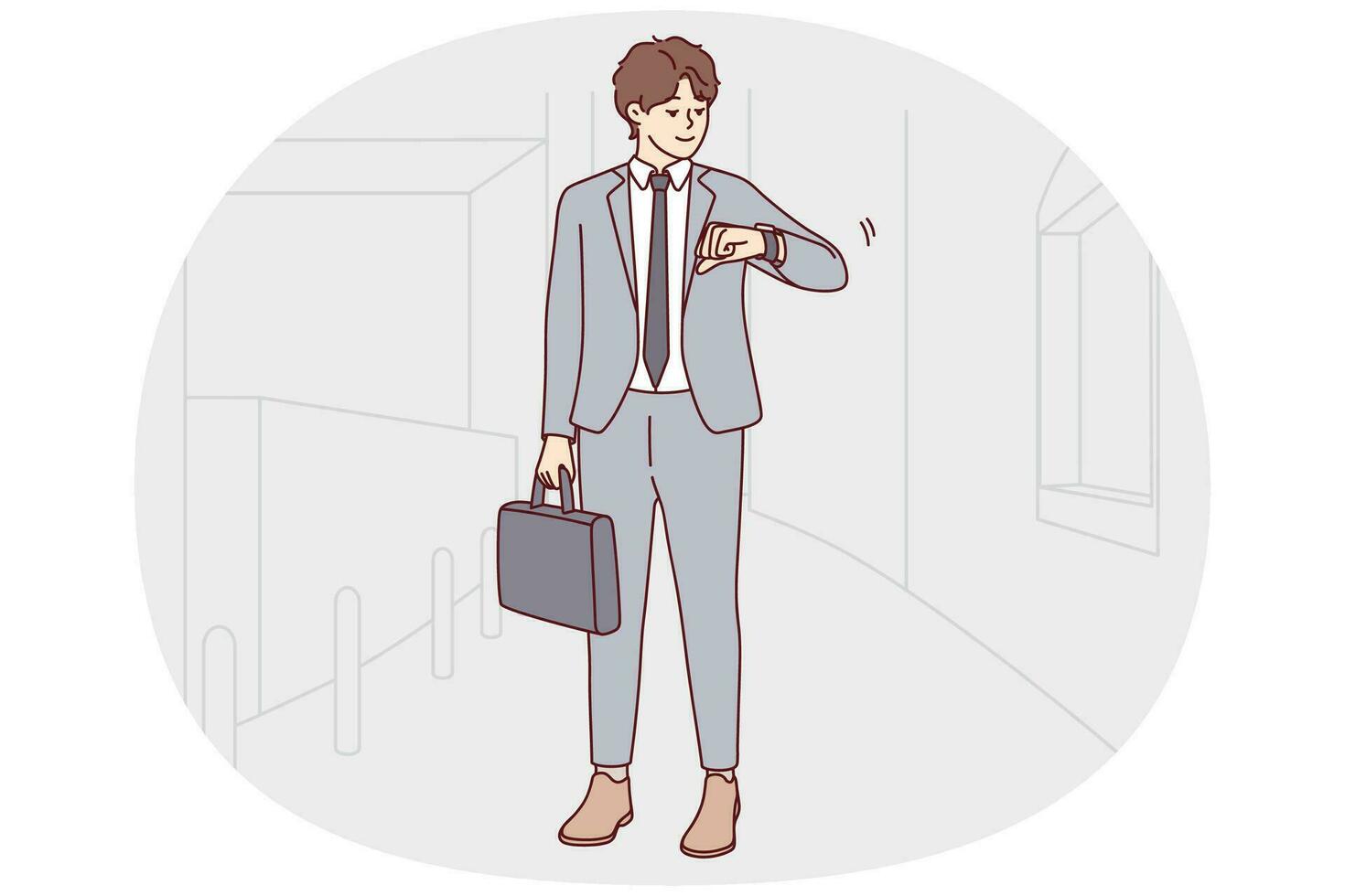 Young businessman in suit look at watch checking time. Male employee or worker think of meeting deadline or missing appointment. Time management. Vector illustration.