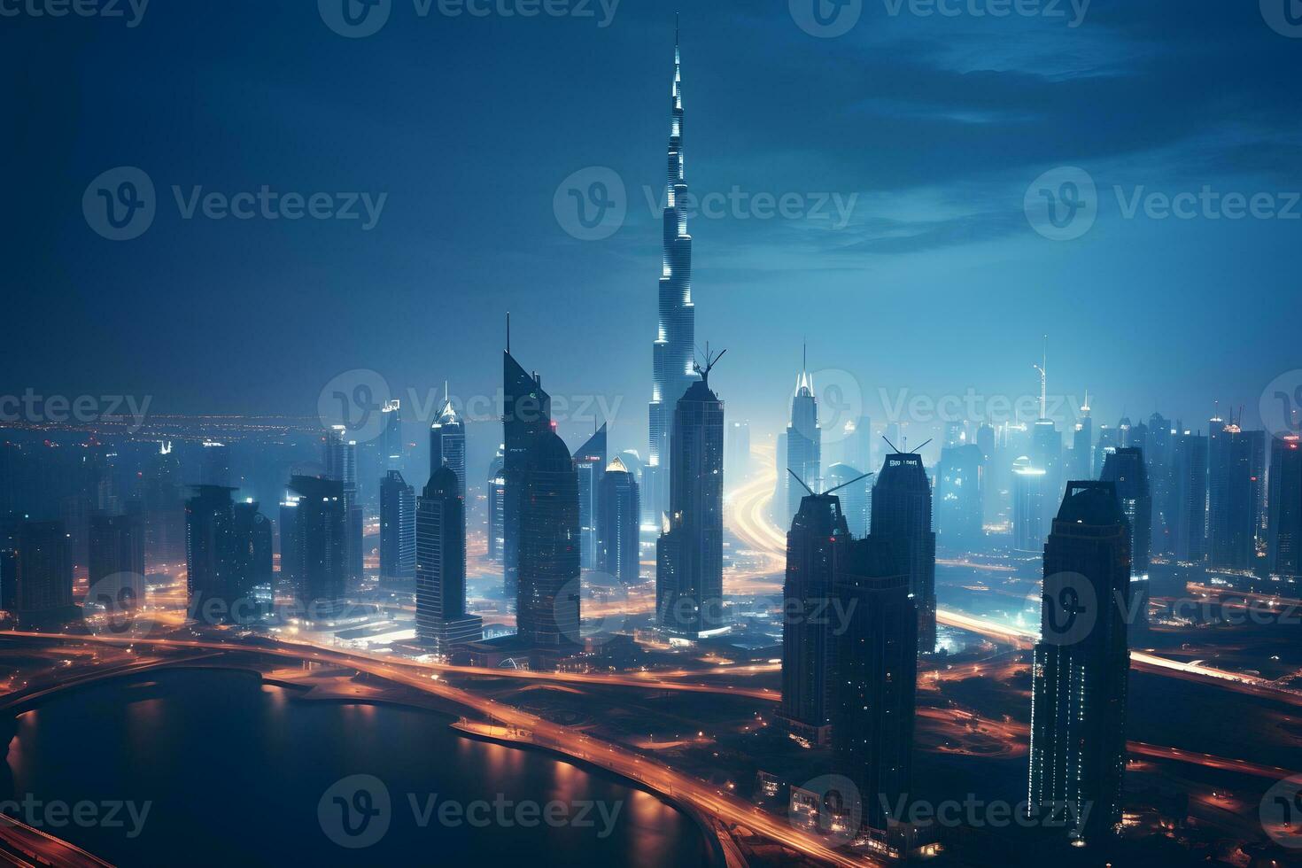 AI generated Aerial view of Dubai city skyline at night, United Arab Emirates photo