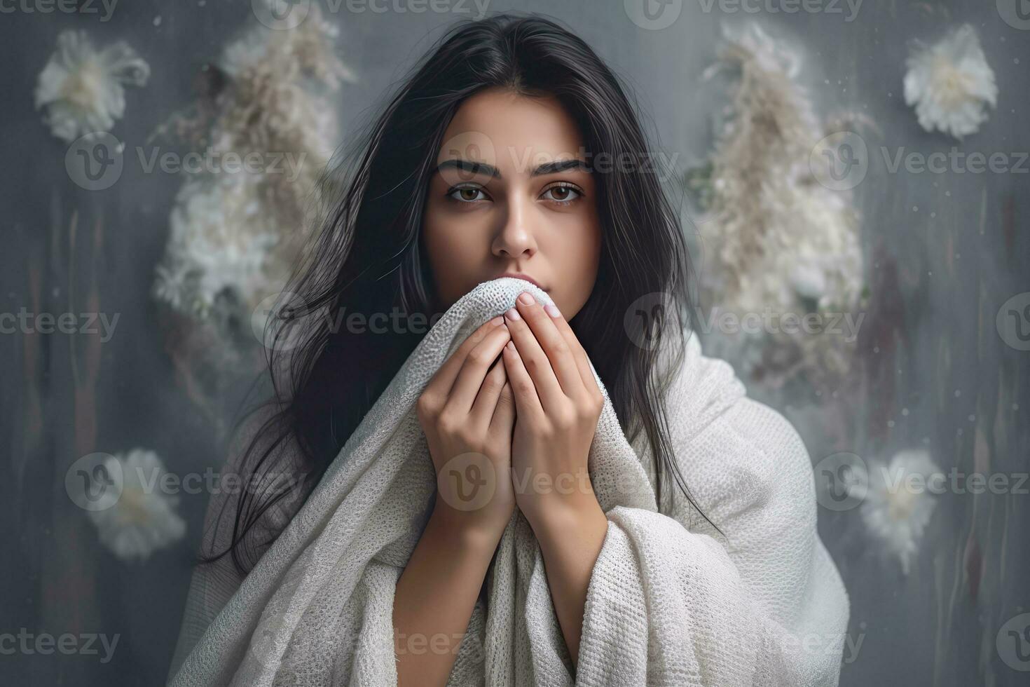 AI generated A woman covering her mouth while wrapped in a blanket, possibly shivering photo