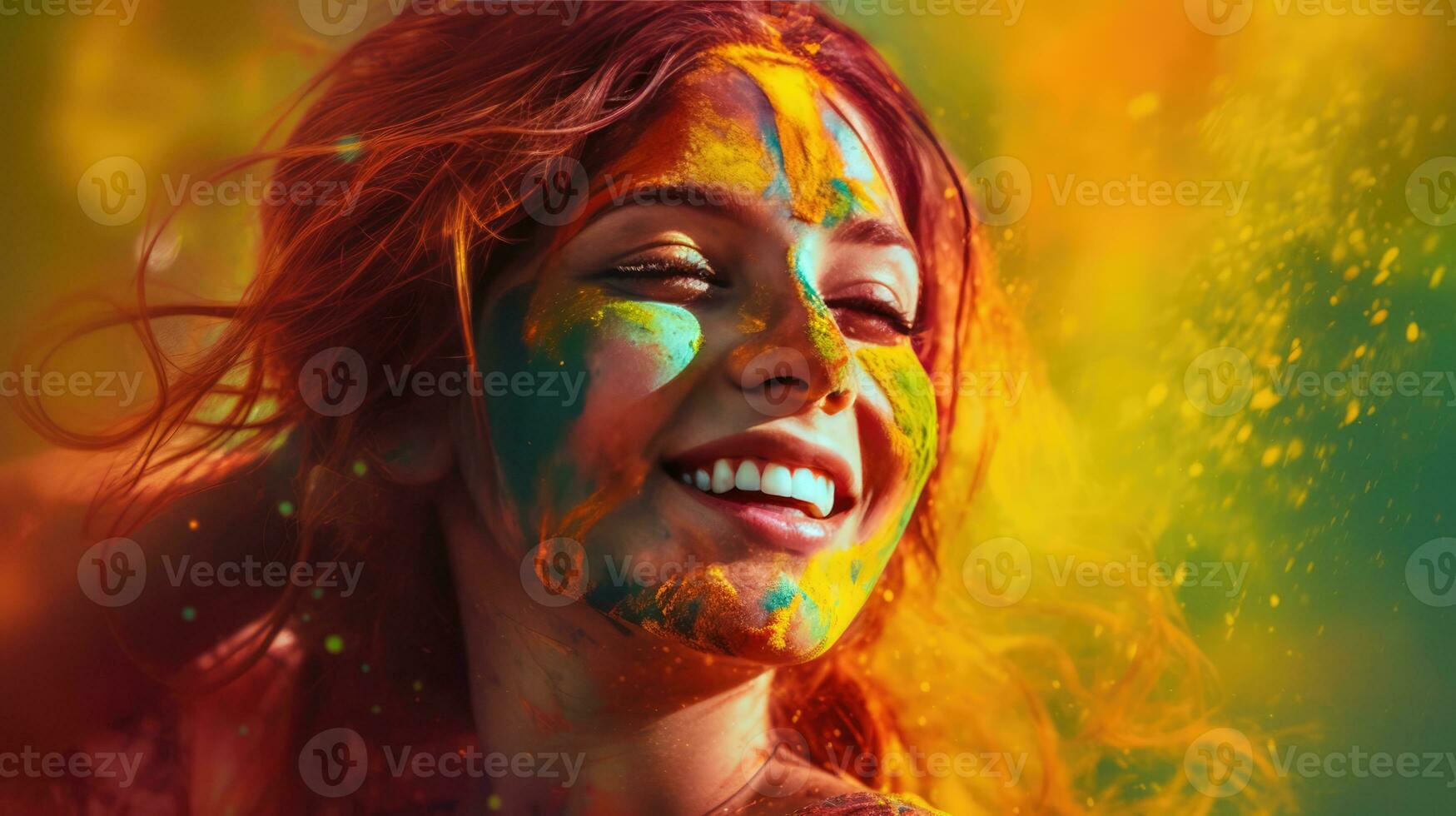 AI generated a young woman with colorful makeup on her face and arm, showcasing a vibrant and expressive look. Her smile radiates joy, and her unique style reflects an artistic and creative spirit. photo