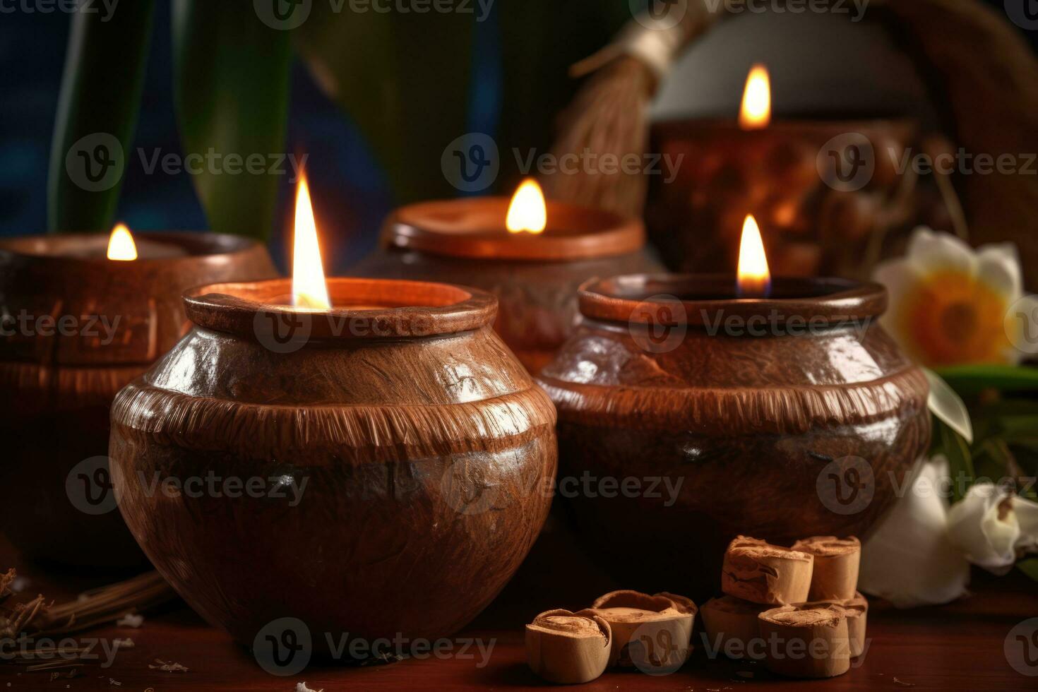 AI generated a set of three natural oak candle holders containing tealight candles. The candles are lit, emitting a warm and cozy ambiance. The holders have an elegant and rustic design, making them a beautiful addition to any home or event setting. photo