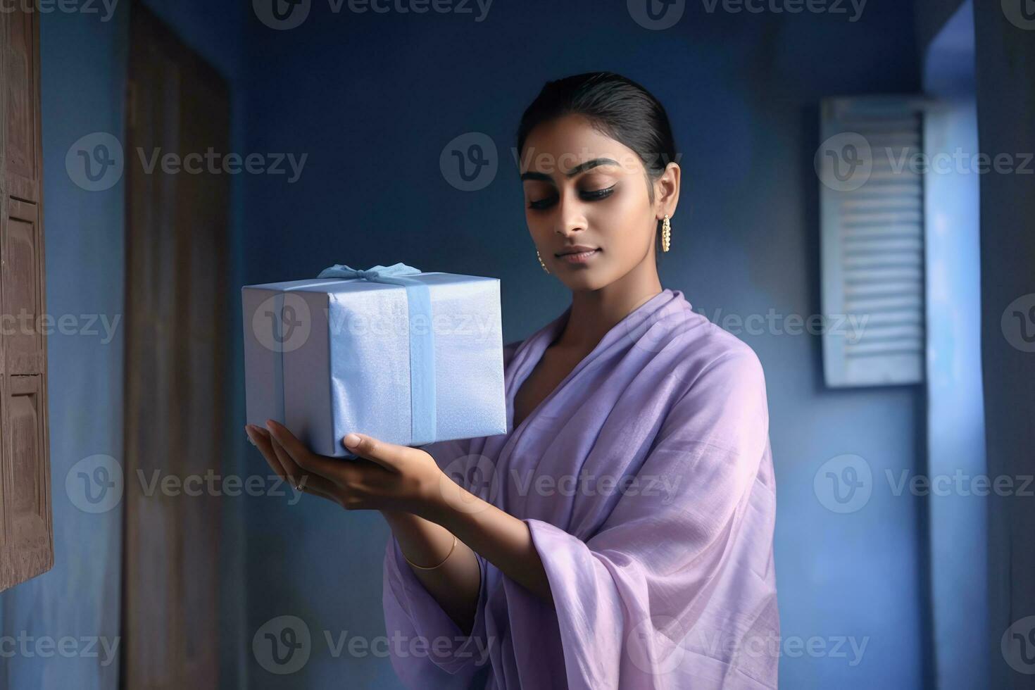 AI generated A woman in a purple dress is holding a box with a gift. photo