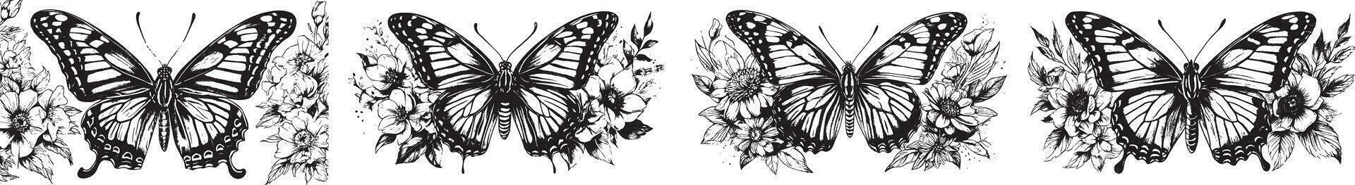 monarca mariposa con flor siluetas colección vector ilustración aislado en blanco antecedentes.