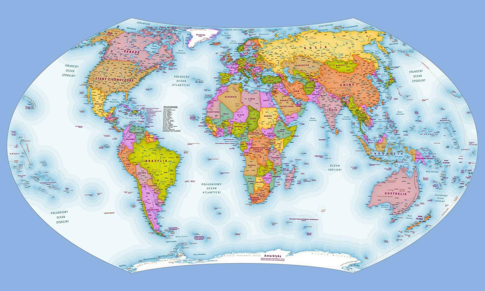 Polish language political world map Wagner VII projection vector