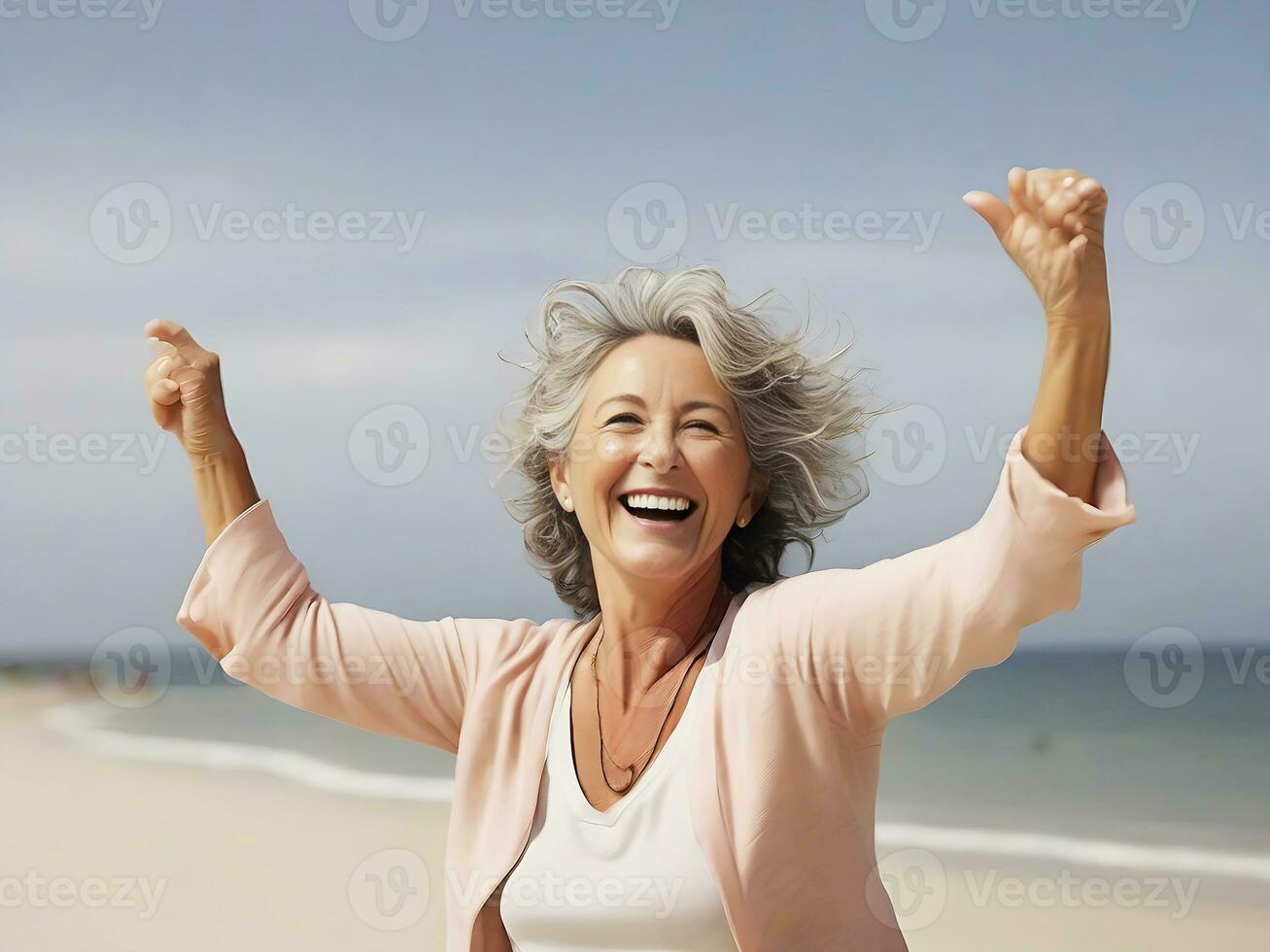 AI generated Lifestyle portrait image of happy smiling mature senior woman on beach or women's day, enjoying the sunny weather photo