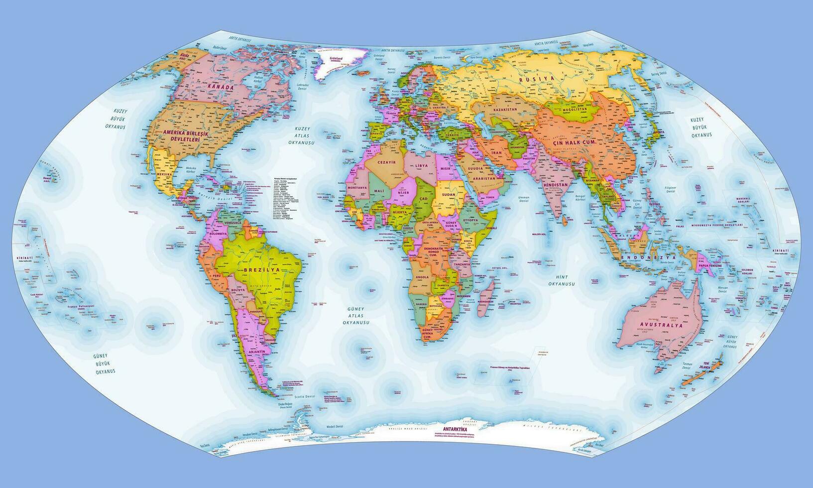 Turkish language political world map Wagner VII projection vector