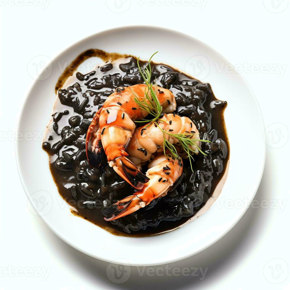 AI generated black risotto with mussels shrimps and cuttlefish photo