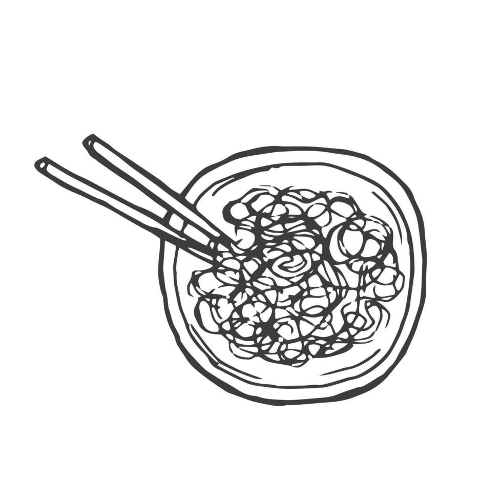 Doodle Noodle at bowl and stick. Hand drawing illustration. vector