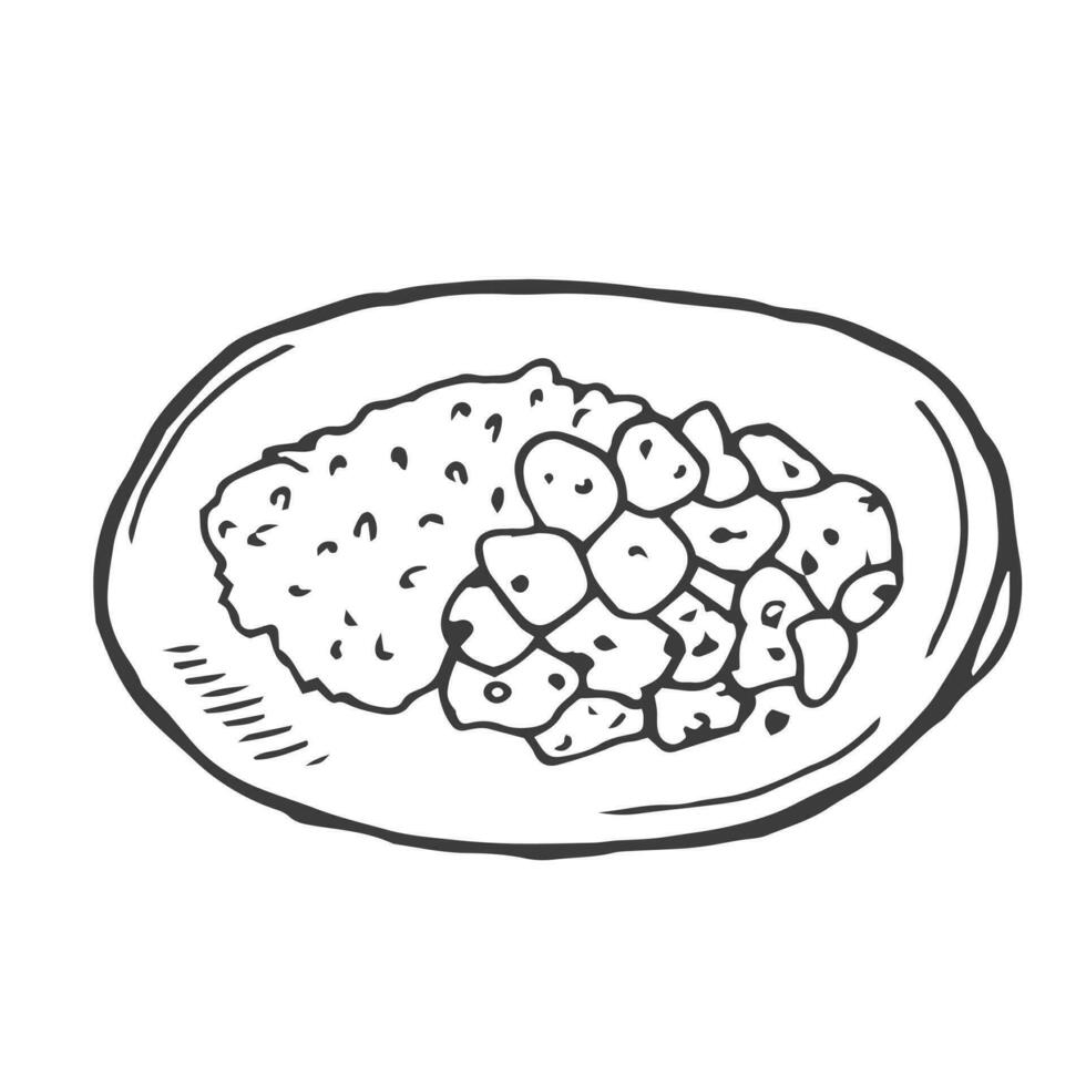 vector set of curry rice. doodle bowl of rice and meat