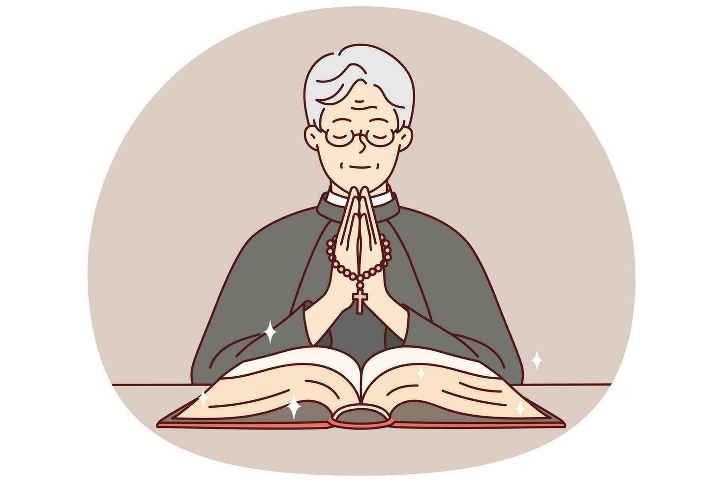 sacerdote tranquilo en túnica con rosario rezando con la biblia en la iglesia. feliz pastor reza a dios en la catedral. religión y fe. ilustración vectorial vector