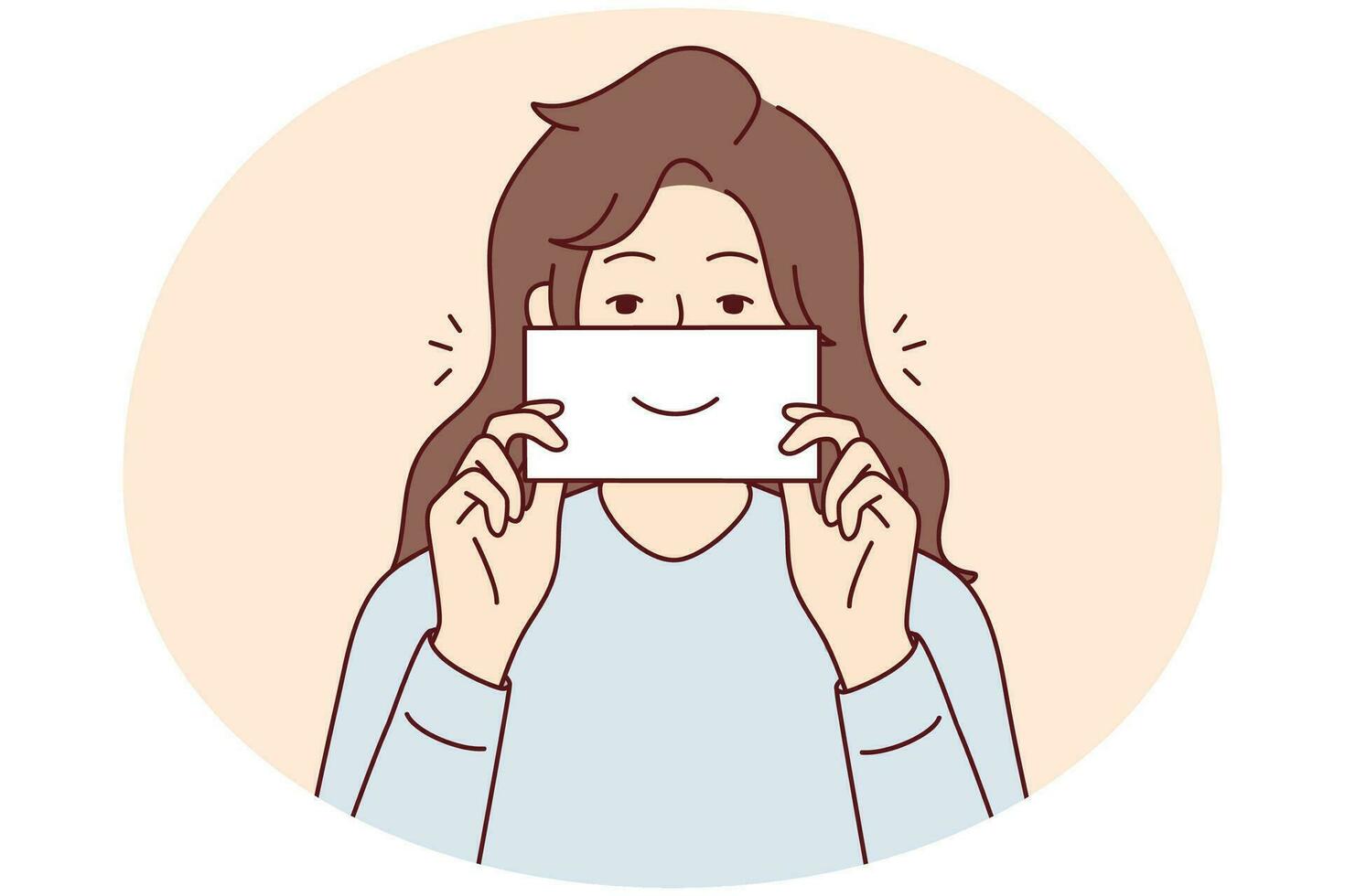 Smiling young woman holding paper with smile. Happy girl with note show smirk. Good mood and laughter. Vector illustration.