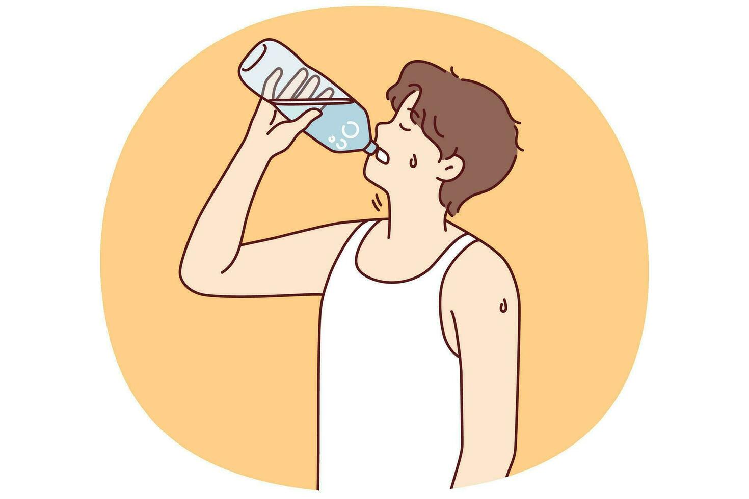 un joven sediento sufre un golpe de calor bebiendo agua de una botella. el chico disfruta de la lucha limpia y líquida con la sed o el calor. ilustración vectorial vector