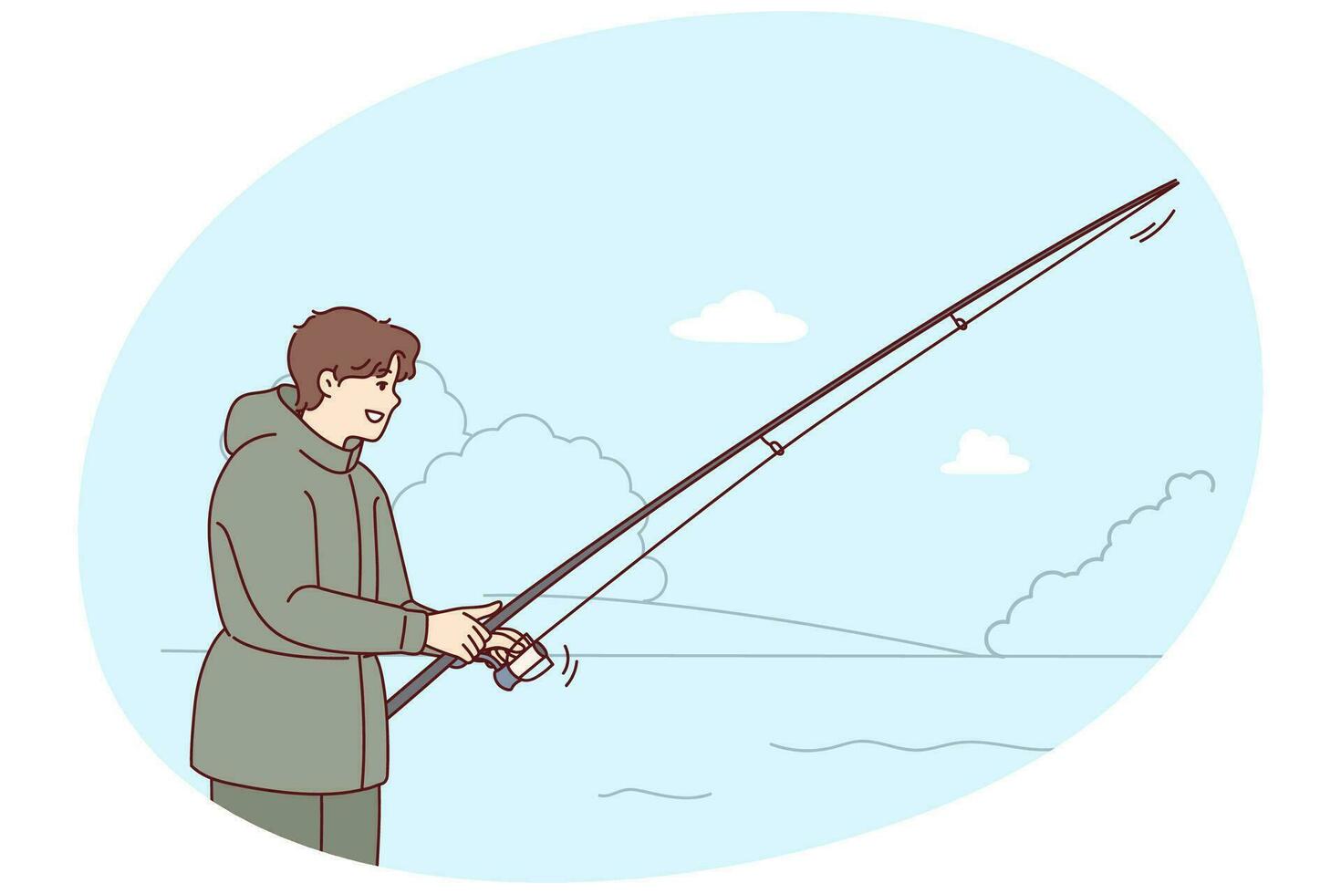 Man with rod fishing in nature landscape. Smiling fisherman in outerwear enjoy fishing hobby outdoors. Vector illustration.
