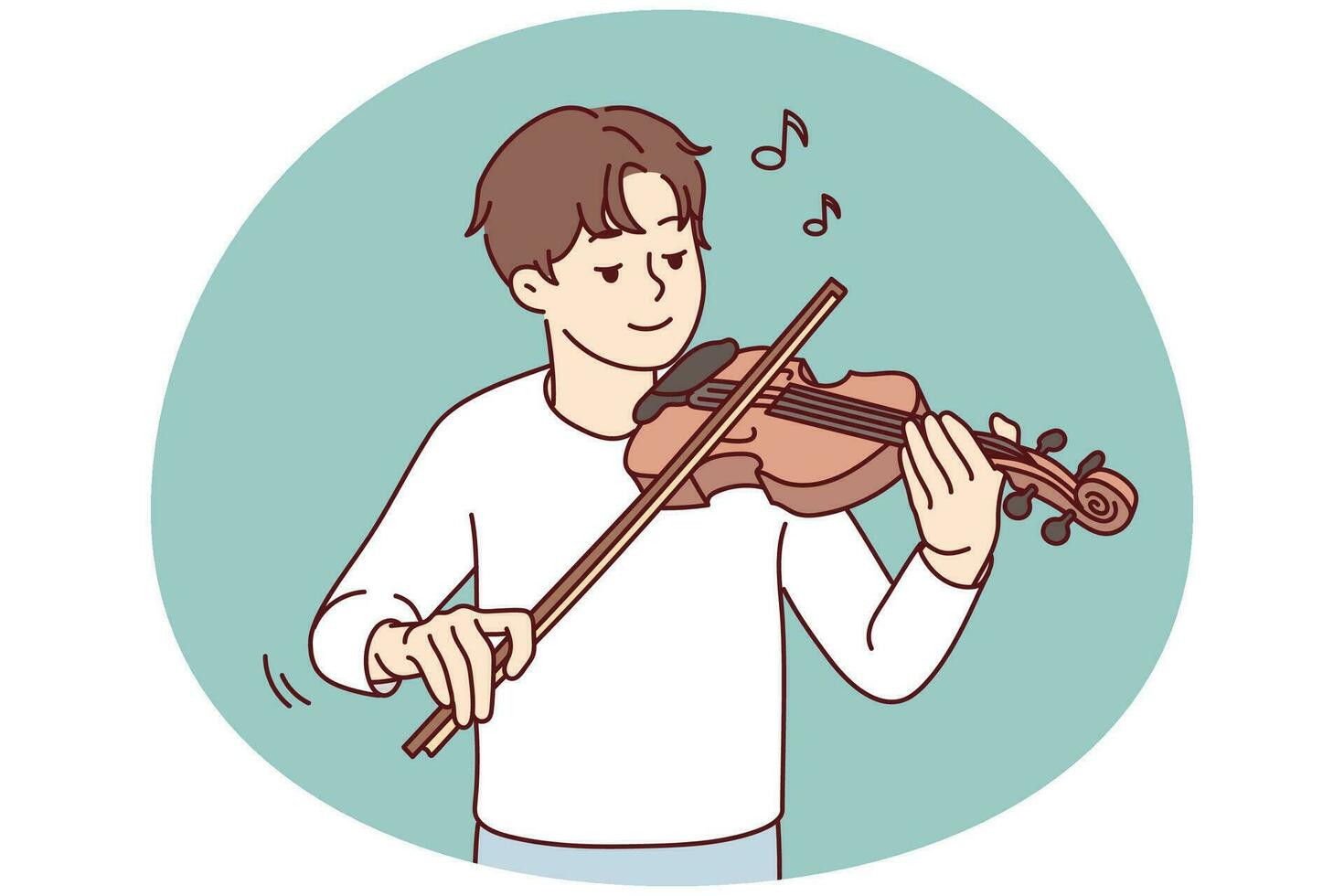 Happy young man playing on violin enjoying music. Smiling guy play on musical instrument. Hobby and entertainment. Vector illustration.
