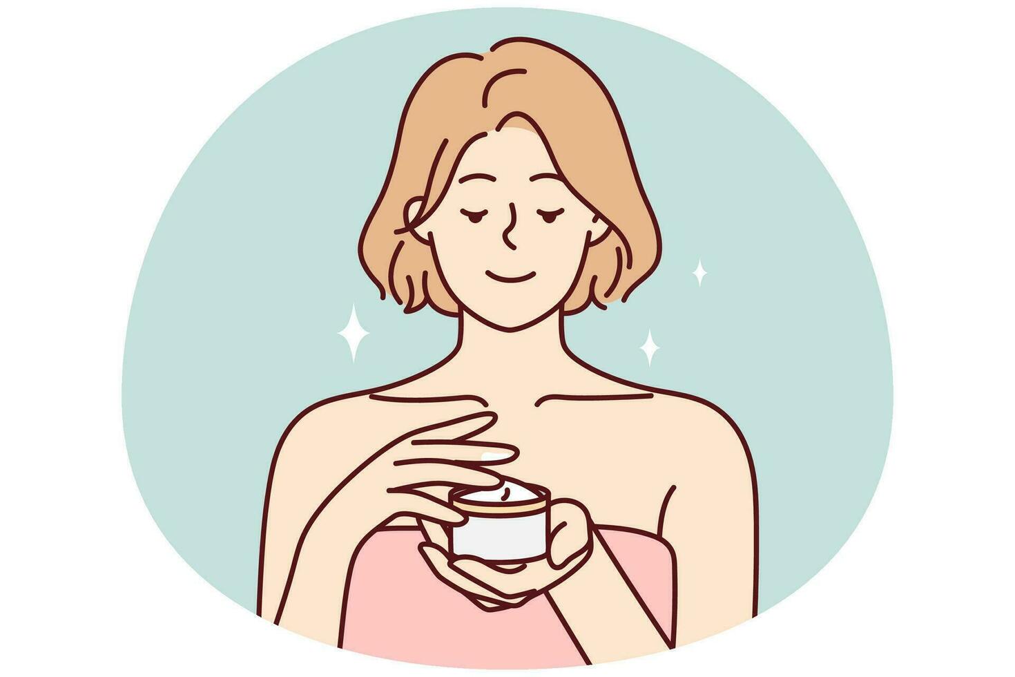 Smiling young woman applying cream in bath. Happy girl in towel do beauty procedures at home in bathroom. Skincare and beauty. Vector illustration.