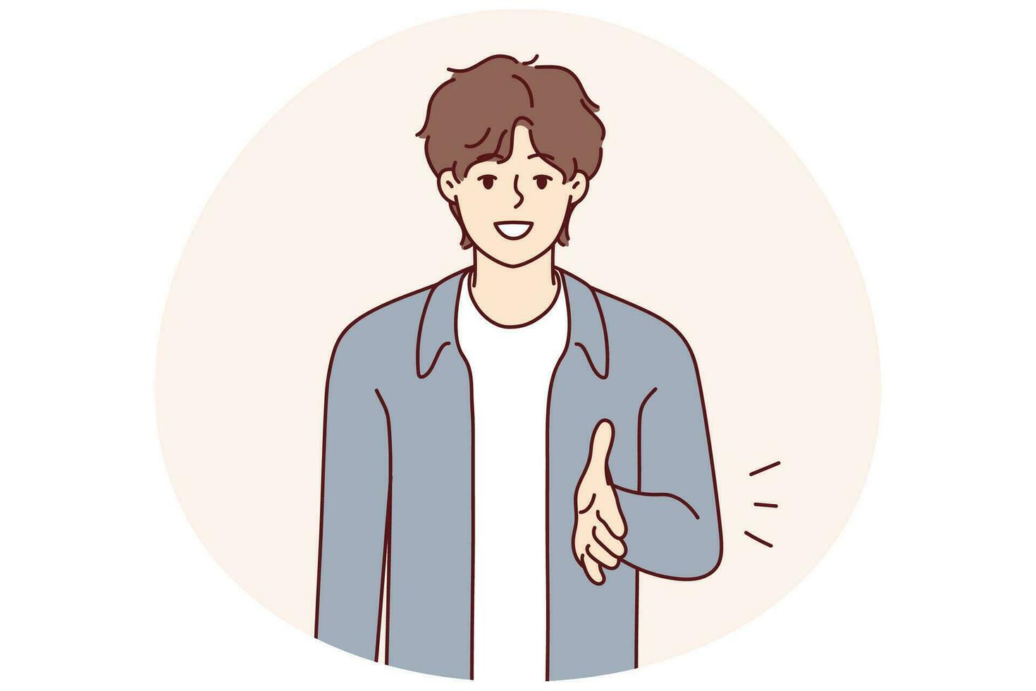 un joven sonriente estira la mano para darse a conocer o conocer a alguien. apretón de manos de chico feliz en el acuerdo de cierre de la reunión. ilustración vectorial vector