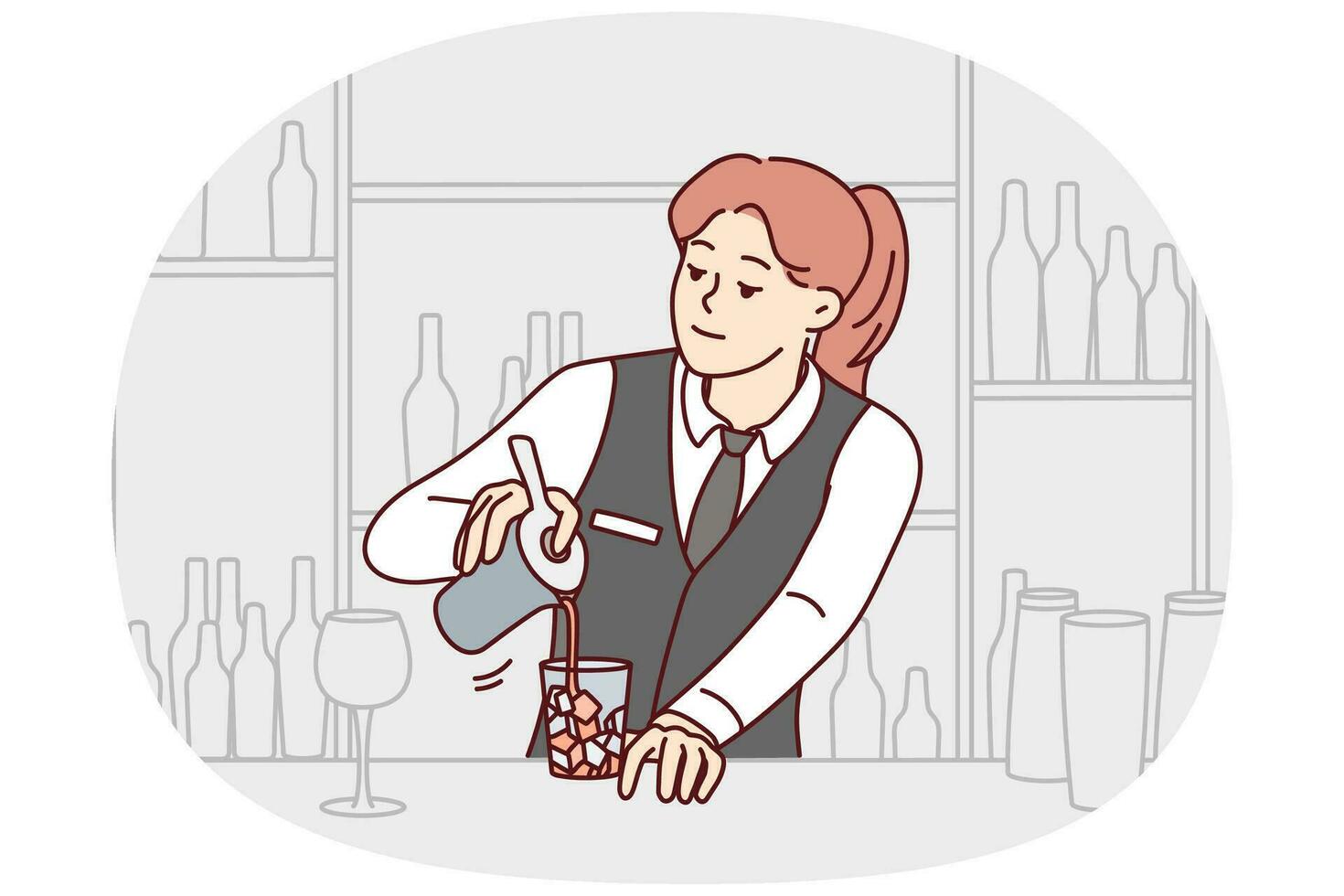 Bartender in uniform making cocktail at bar. Smiling female waitress make drink in restaurant at counter. Alcohol and beverage. Vector illustration.