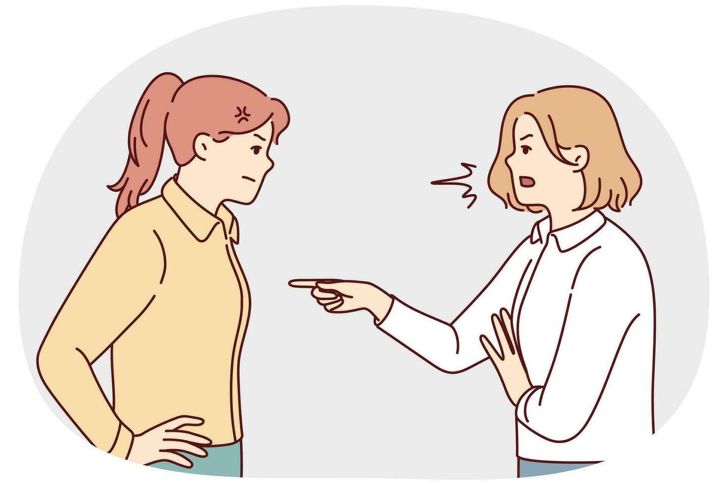 Angry women fighting or quarrelling. Mad furious girls blame each other, making guilty. Anger and misunderstanding. Vector illustration.