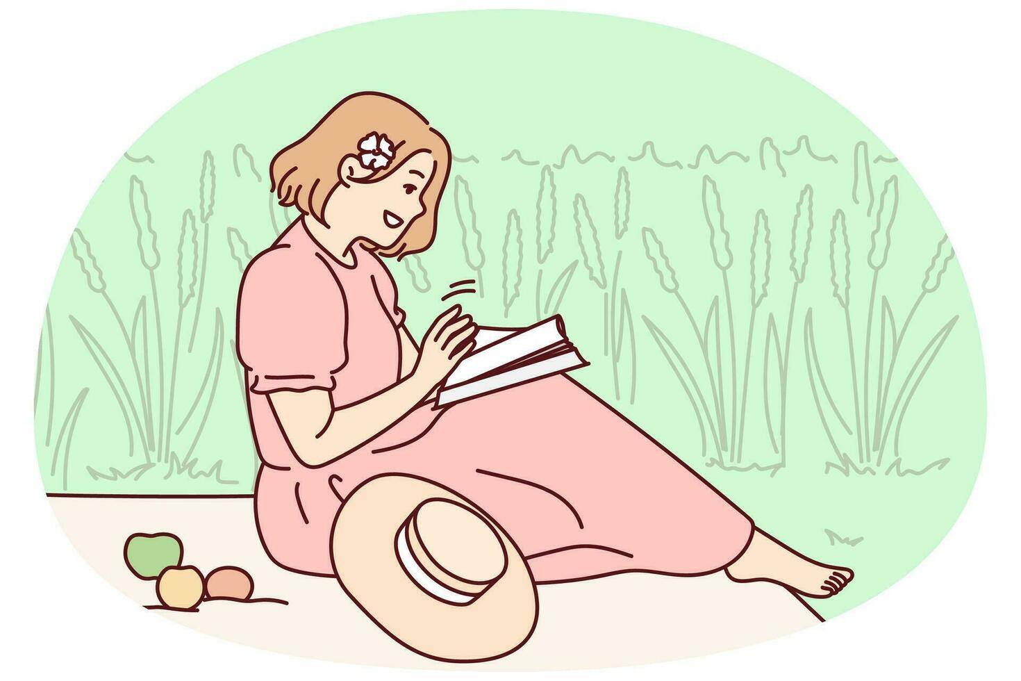 Woman sitting in field reading book. Happy girl enjoy summer picnic with magazine or textbook. Summertime relaxation. Vector illustration.