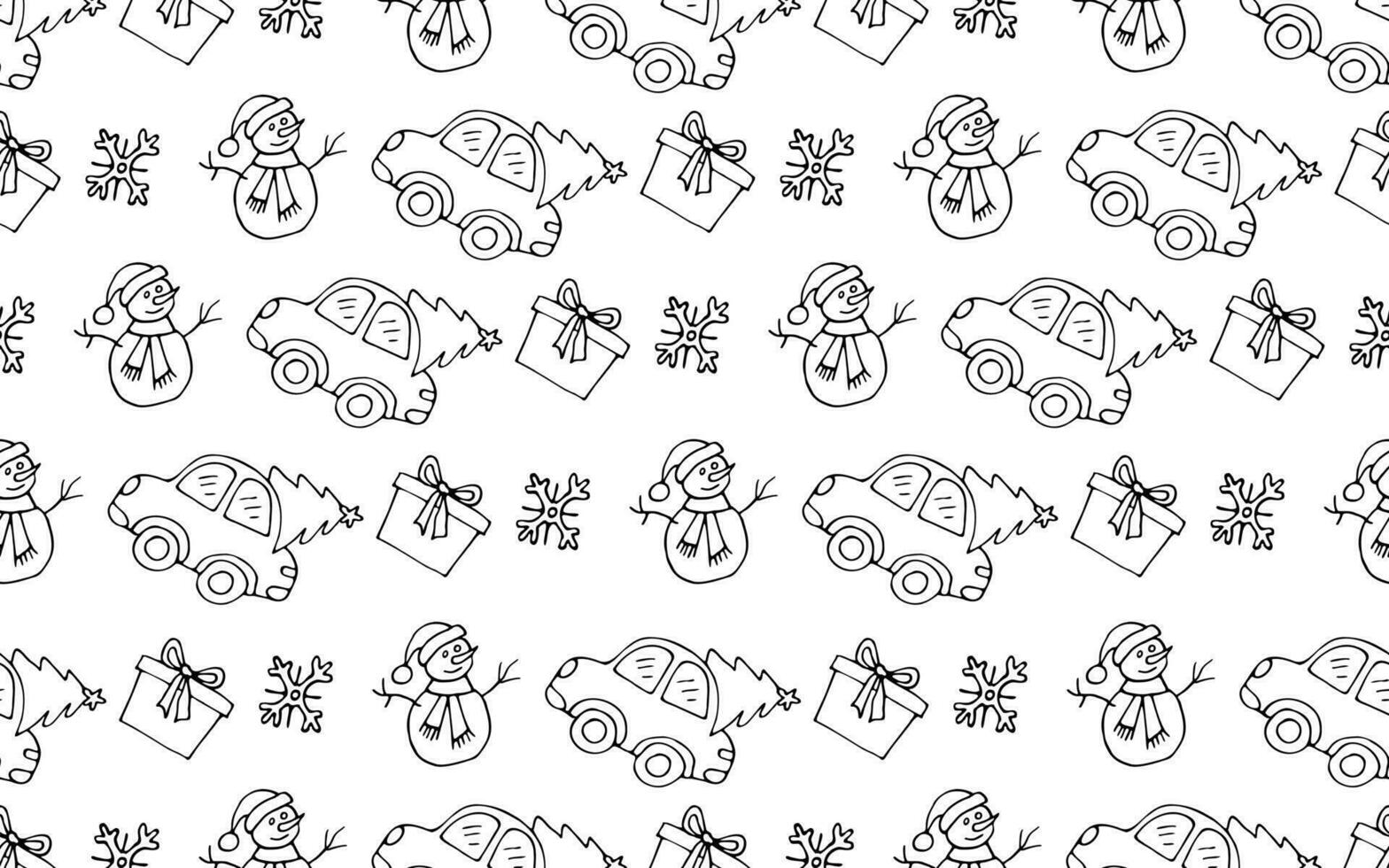 Vector  New Year pattern on a white background. Black and white illustration in cartoon style. Pattern for fabric, gift wrapping, cards and congratulations. Christmas tree, snowman and gift.