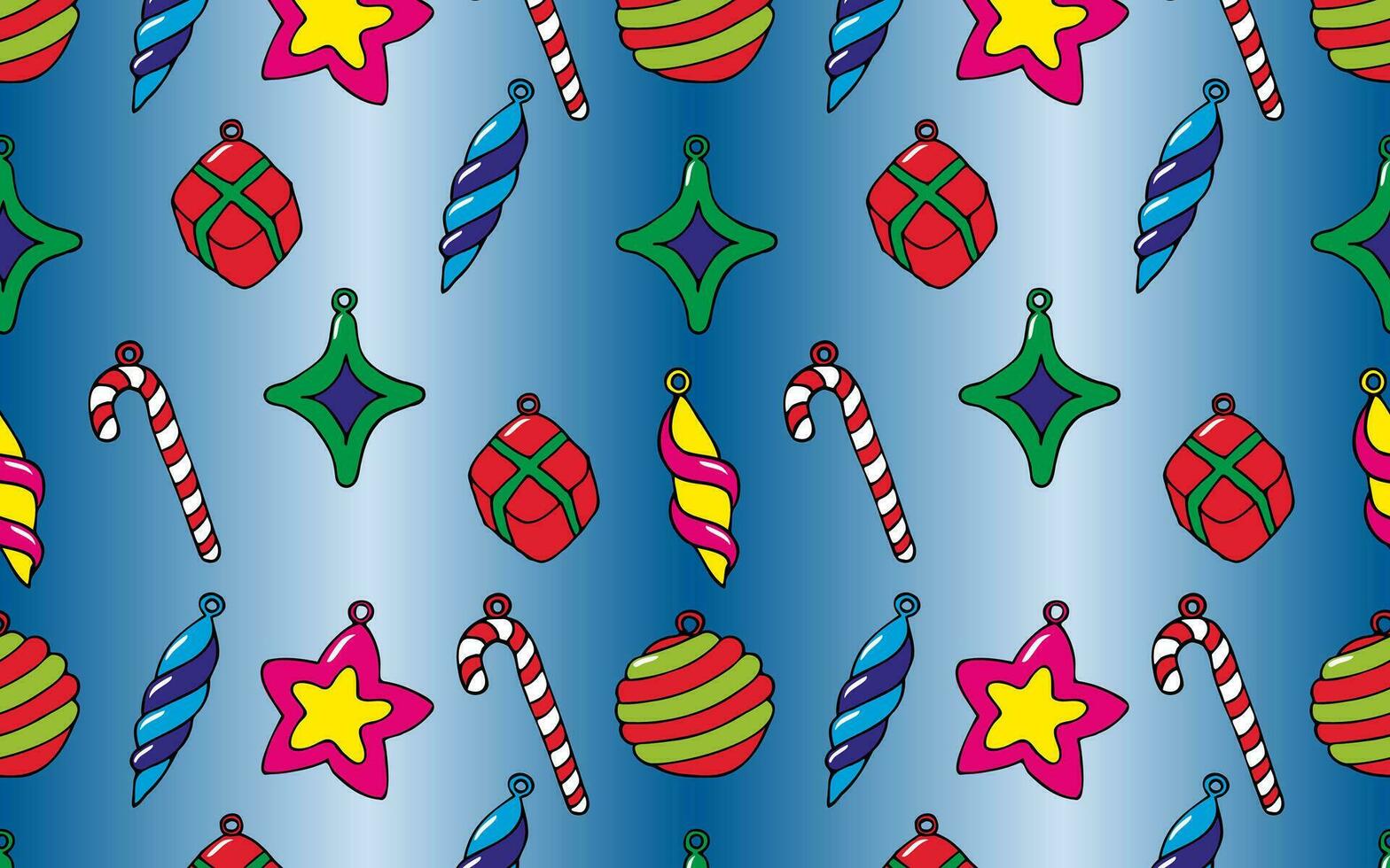 Seamless vector New Year pattern on a blue background with Christmas tree toys. Illustration for packaging, fabric and gift.