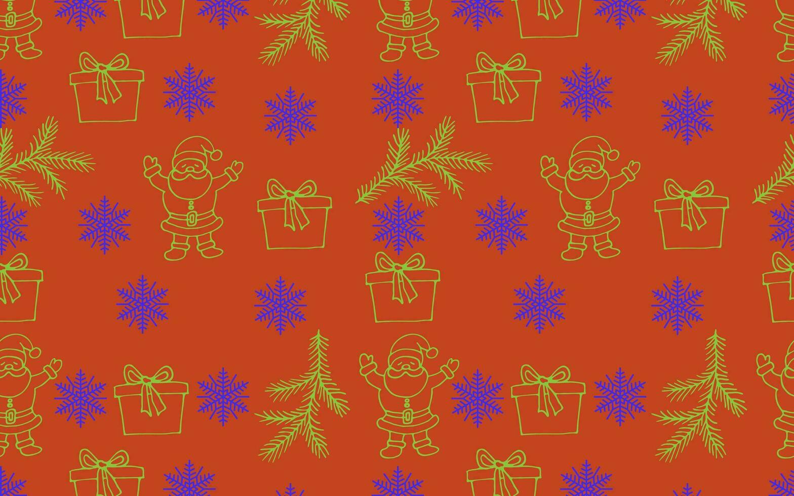 nuevo año vector modelo. color ilustración de nuevo años abeto sucursales, copos de nieve y Papa Noel en un rojo antecedentes. antecedentes para embalaje, tela y regalo.