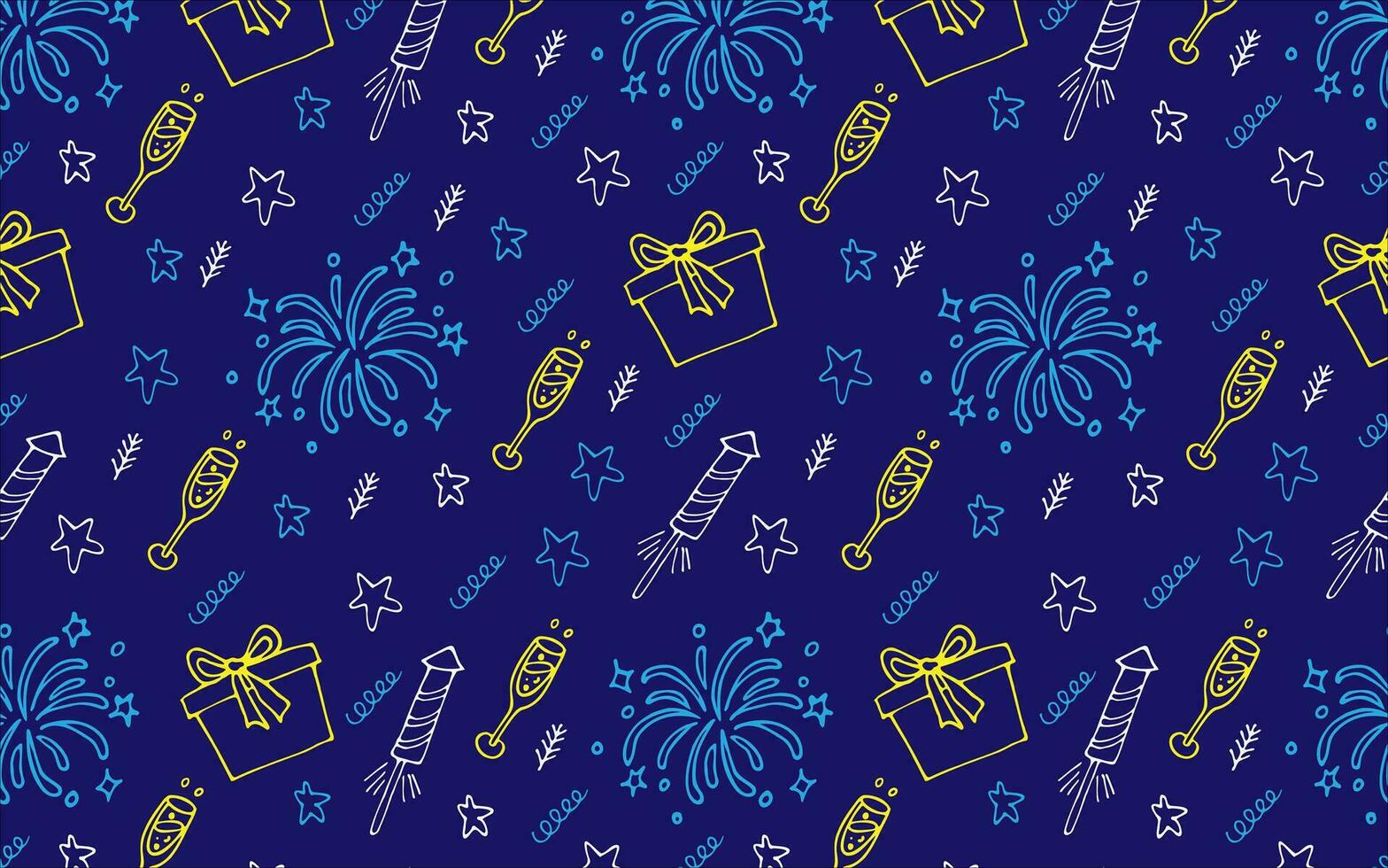 New Year vector pattern. Color illustration of New Year's fireworks, gifts, stars and glasses on a blue background. Background for packaging, fabric and gift.