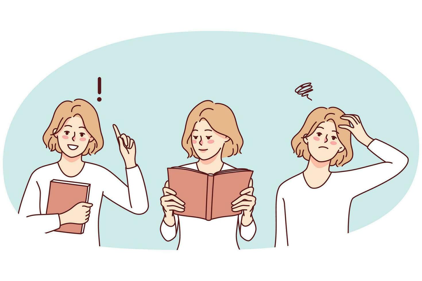 Confused woman have question head, read book and get answer. Smart girl looking for solution in book. Knowledge and education. Vector illustration.