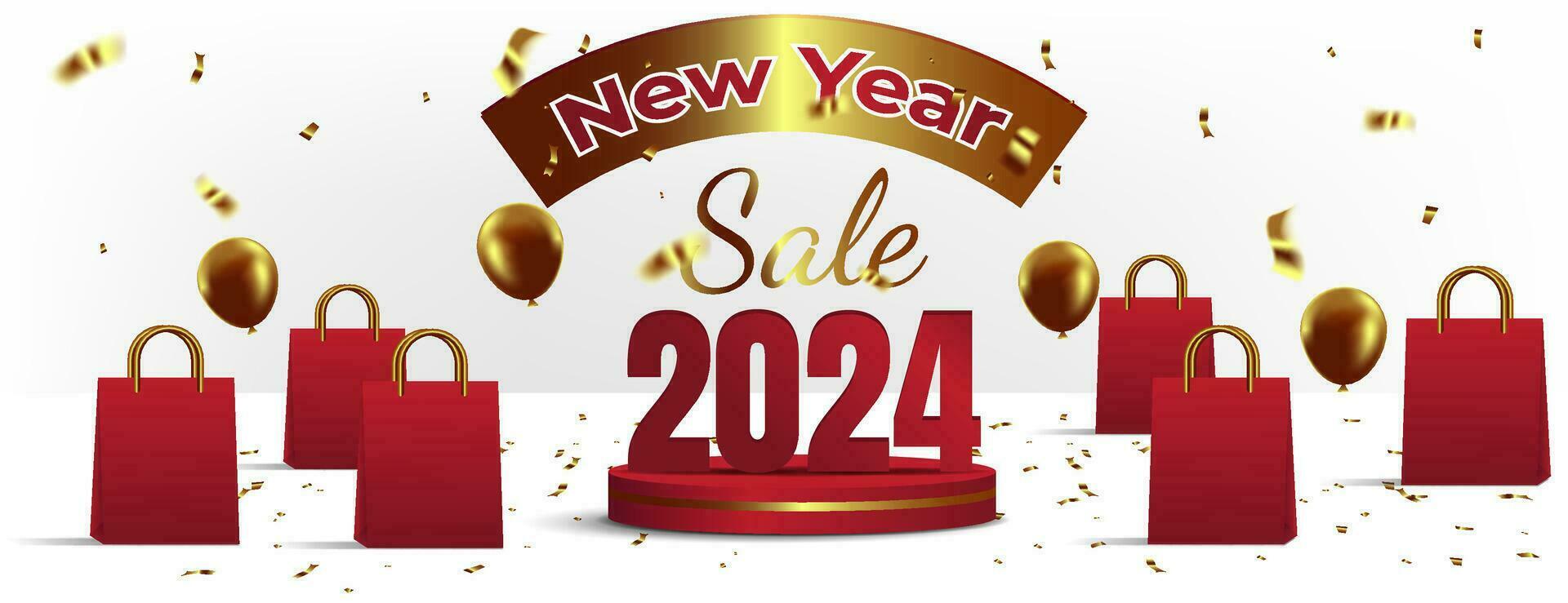 new year sale banner in red and gold with 3d podium, shopping bag, confetti and balloons vector