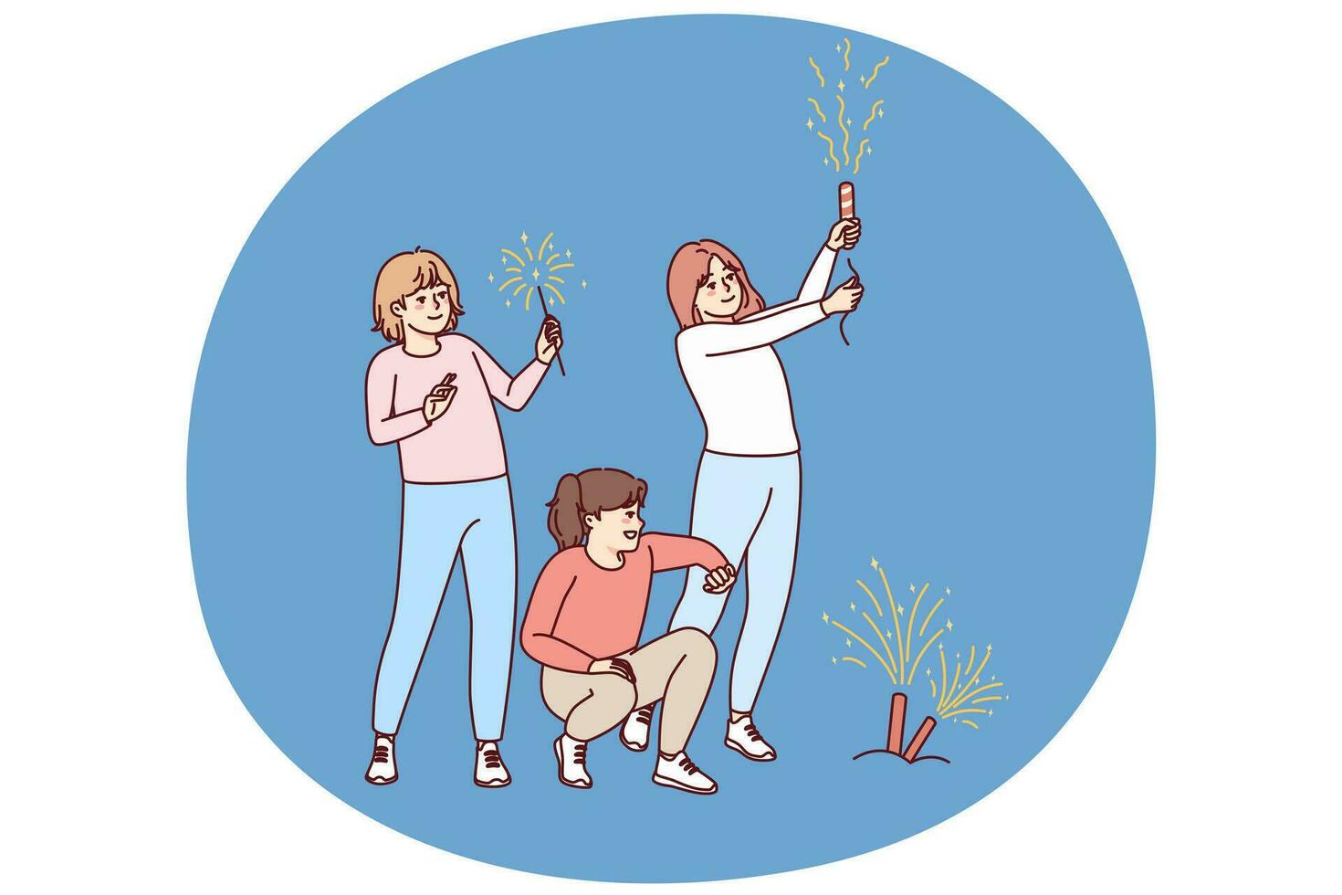 contento niños tener divertido lanzamiento fuegos artificiales al aire libre. sonriente muchachas niños celebrar con festivo luces. vector ilustración.