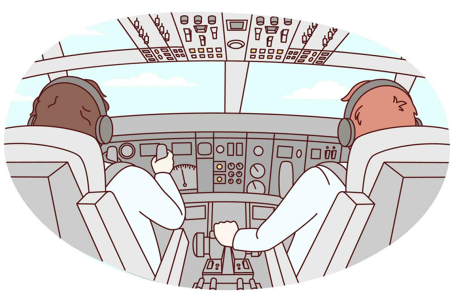 Pilots in cabin of airplane during flight. Aircraft crew in front of plant. Aviation and flying. Vector illustration.