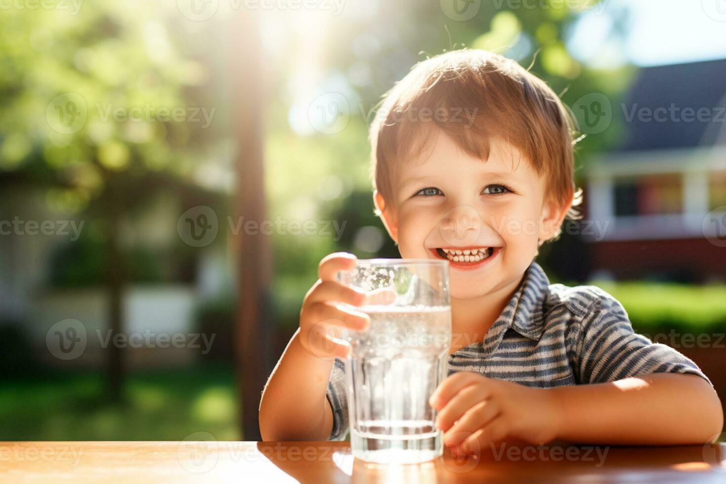 AI generated A handsome smiling boy drinks water from a glass while sitting at a table in nature in the village photo