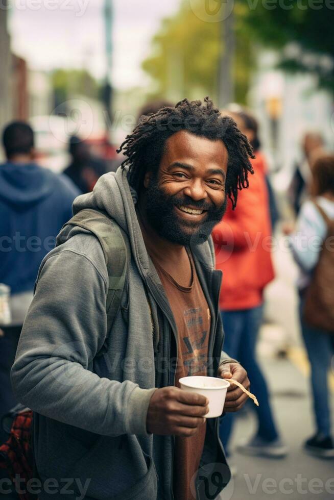 ai generado un Vagabundo africano americano hombre come a un calle cantina para el pobre. foto