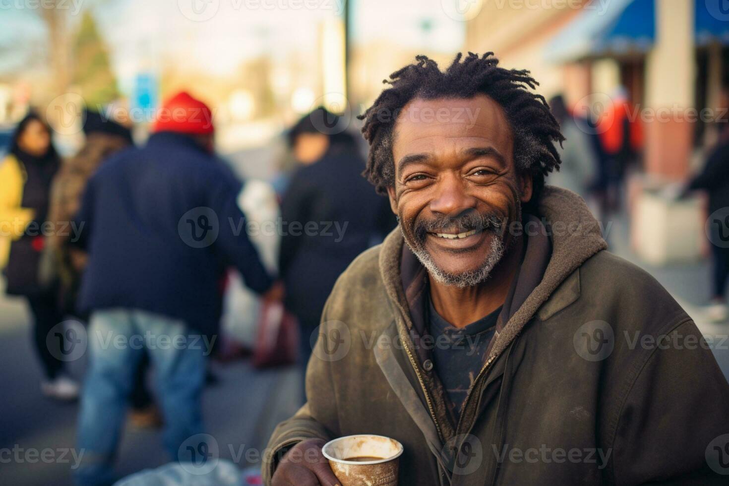 AI generated A homeless African American man eats at a street canteen for the poor. photo