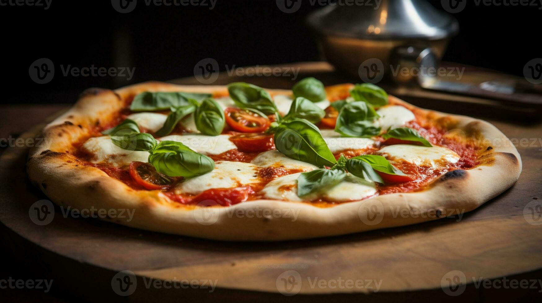 AI generated Fresh juicy pizza with mozzarella cheese, tomatoes, and basil herbs on a black background photo