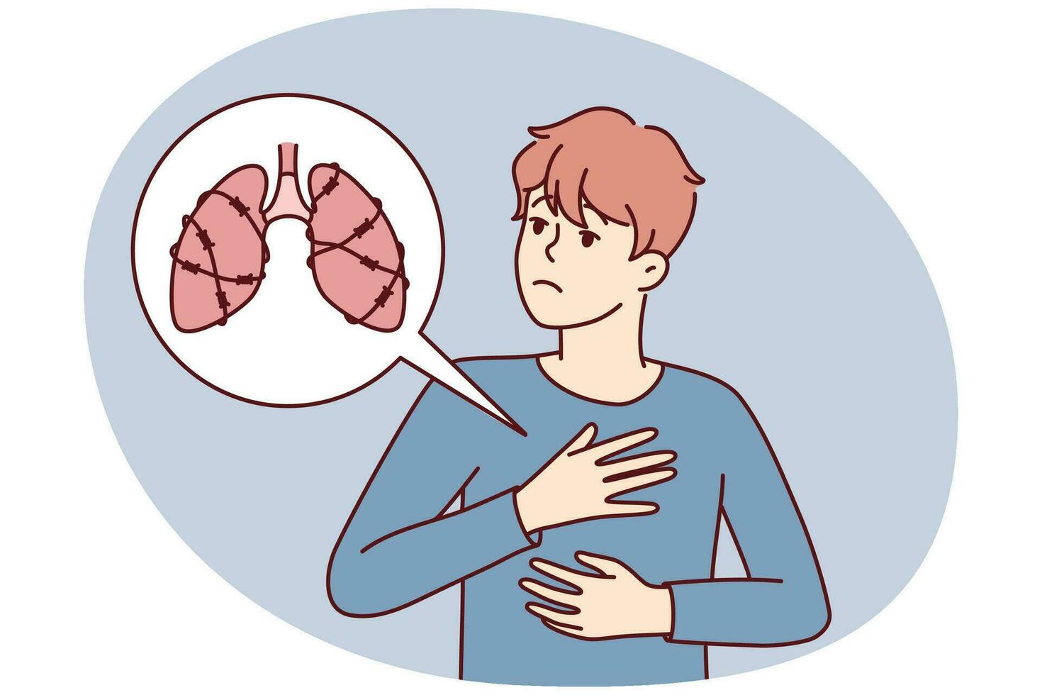 Unhealthy man suffer from lungs disease need medical help. Unwell male struggle with breathing disease. Healthcare concept. Vector illustration.