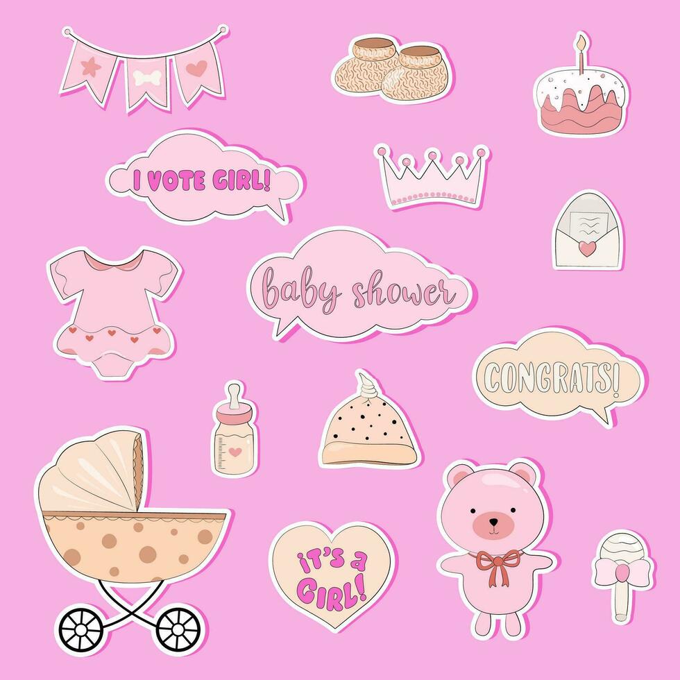 Collection of vector stickers for gender party. This is a set of stickers for girls. Cake, rattle, bear, crown, envelope with the correct gender, stroller, baby bottle, hat, dress. Vector illustration