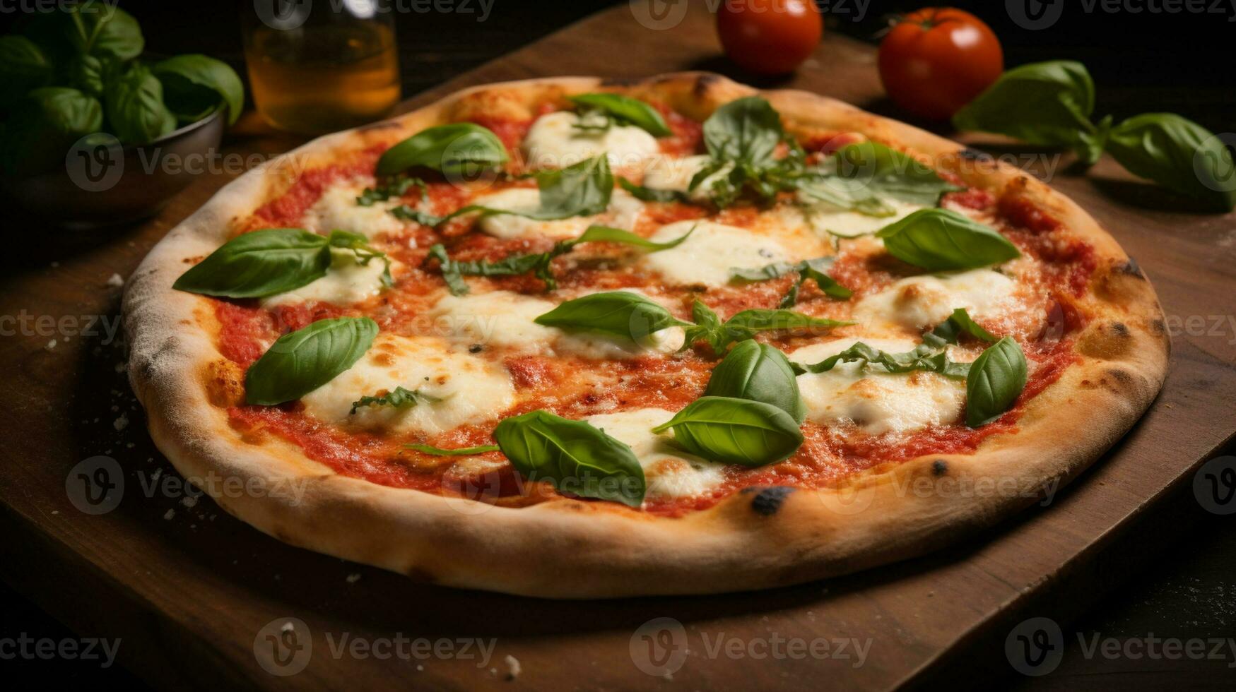 AI generated Fresh juicy pizza with mozzarella cheese, tomatoes, and basil herbs on a black background photo