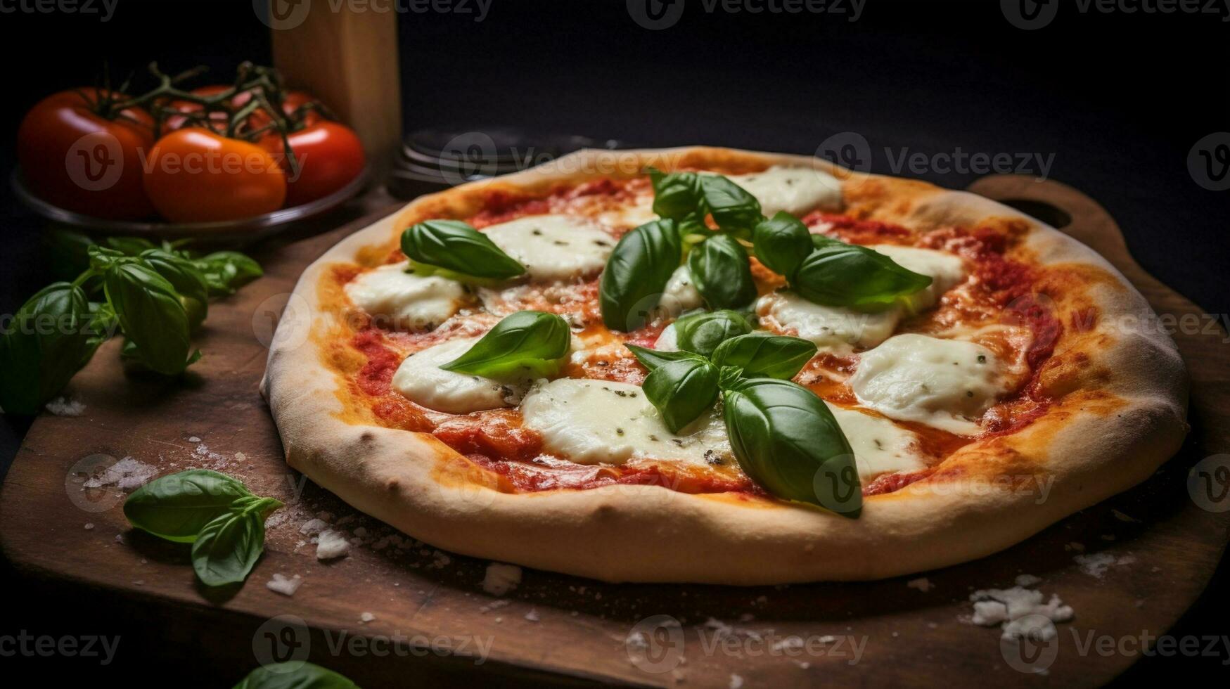 AI generated Fresh juicy pizza with mozzarella cheese, tomatoes, and basil herbs on a black background photo