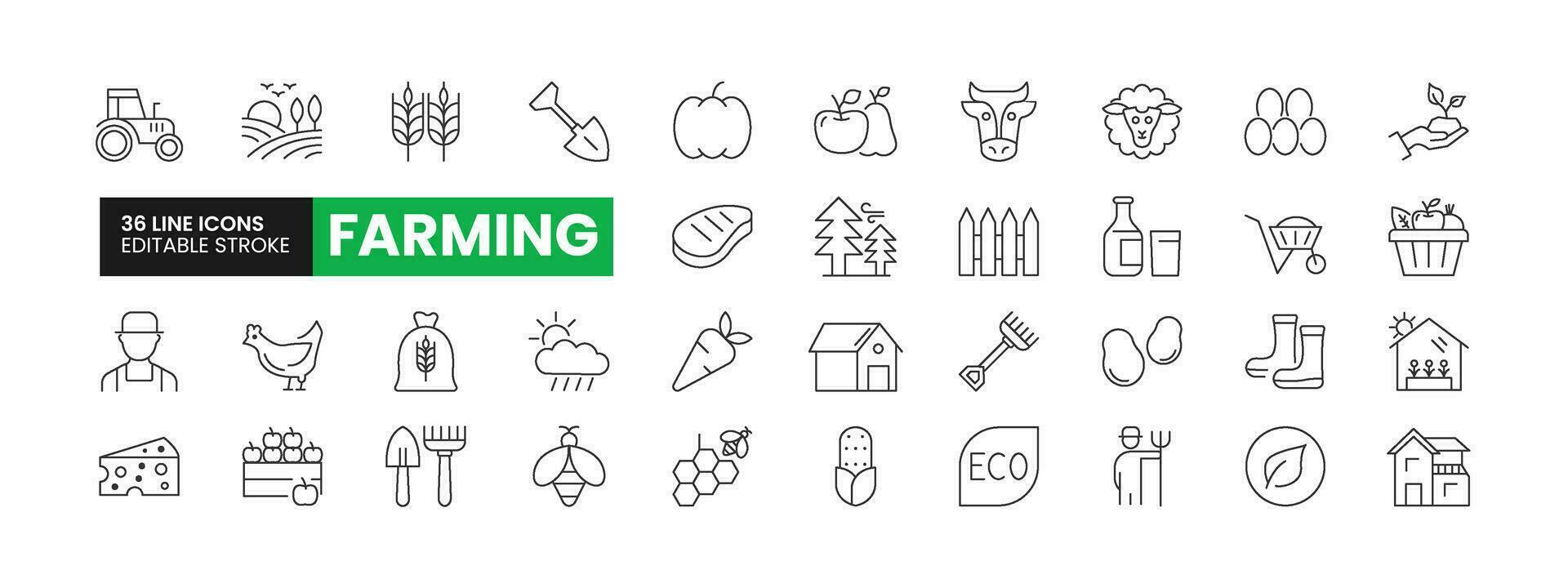 Set of 36 Farming line icons set. Farming outline icons with editable stroke collection. Includes Cow, Sheep, Barn, Farmer, Tractor, and More. vector