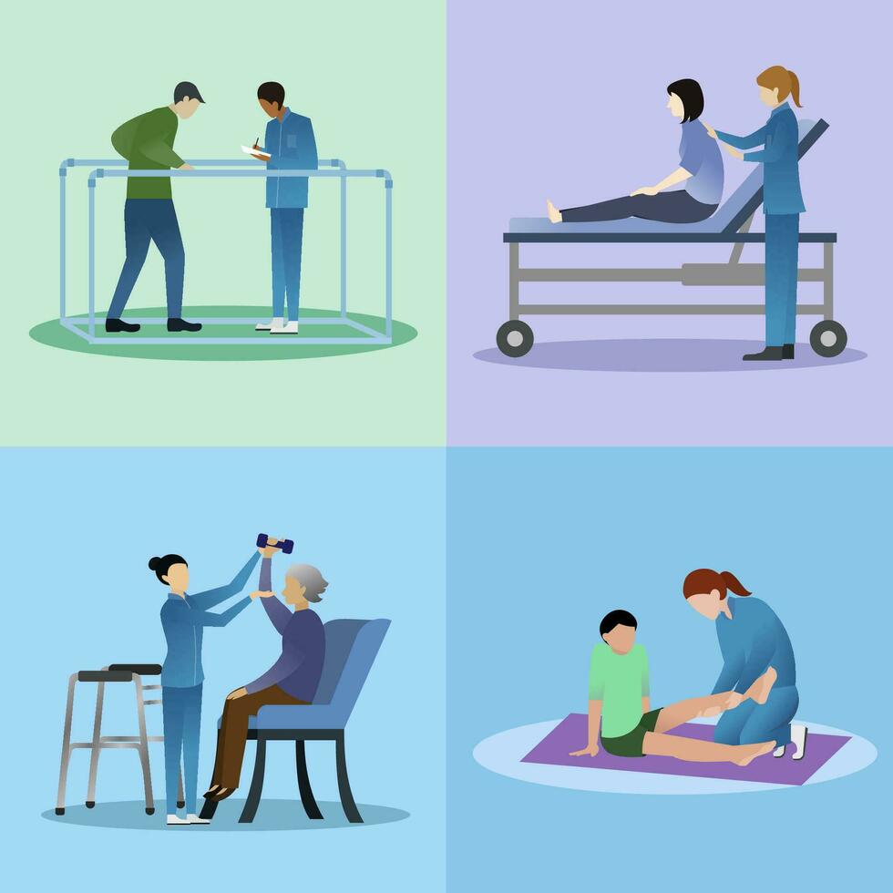 conjunto de quiropráctica y físico terapia tratamiento, terapeutas Ayudar pacientes durante fisioterapia y rehabilitación vector ilustración