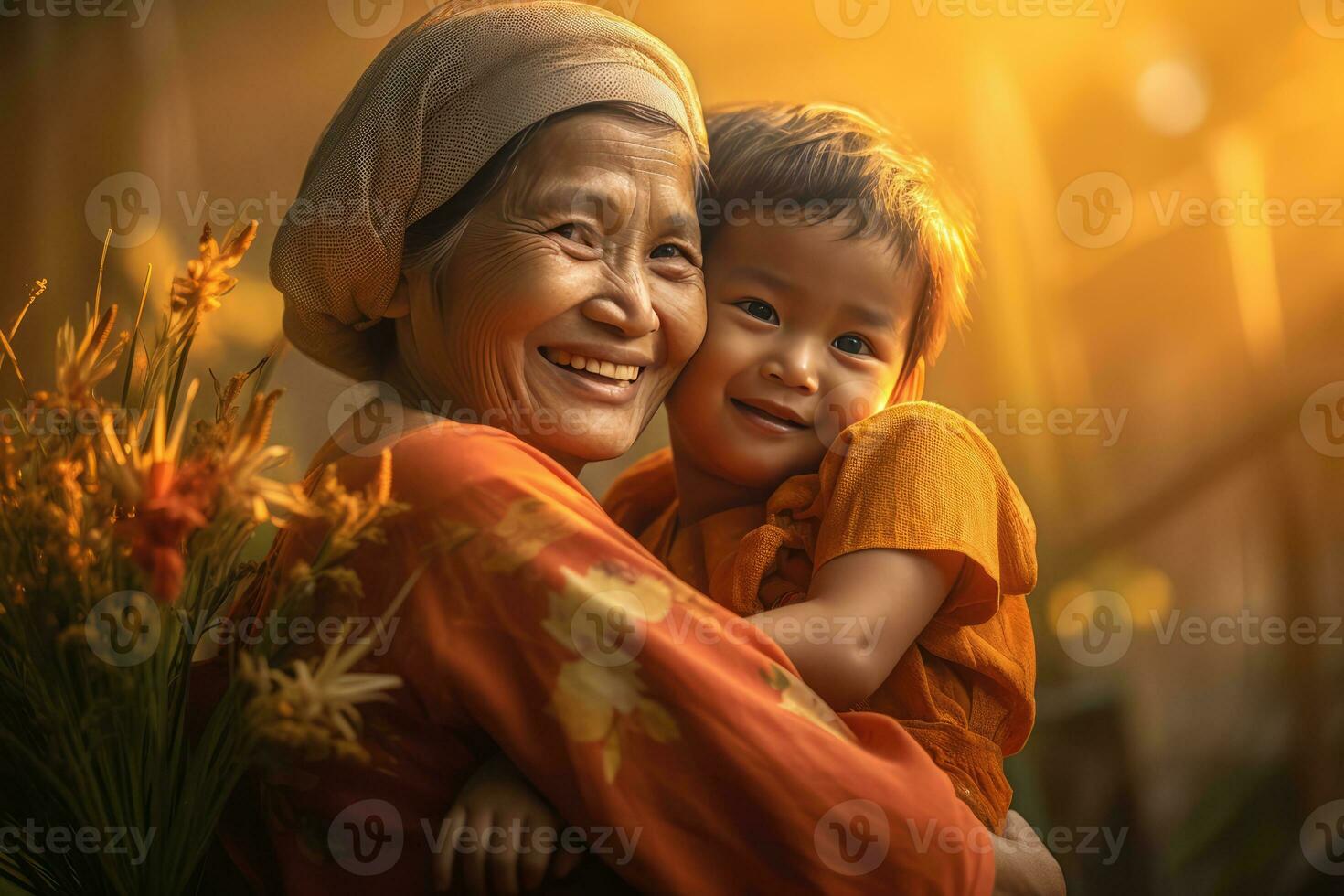 ai generado un de la madre amor - un joven niño sonriente y abrazando siguiente a un más viejo mujer foto