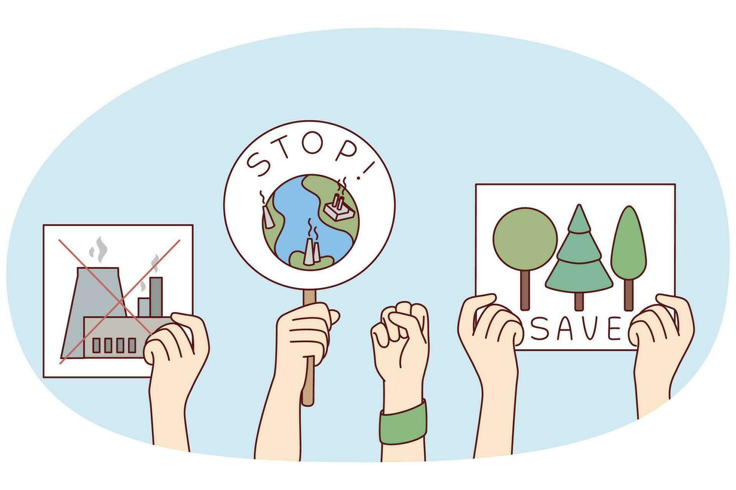 Hands of people showing posters and placards for planet protection. Activists demonstrate for environmental safety, ask to stop pollution. Vector illustration.