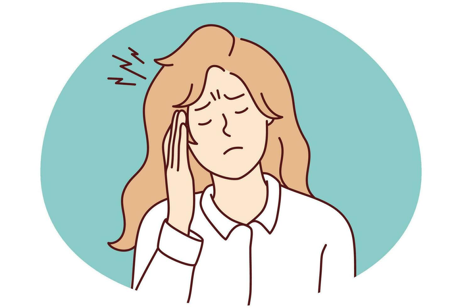 Unhappy young woman suffer from migraine or headache. Unhealthy girl struggle with head spasm having health problems. Medicine and healthcare. Vector illustration.