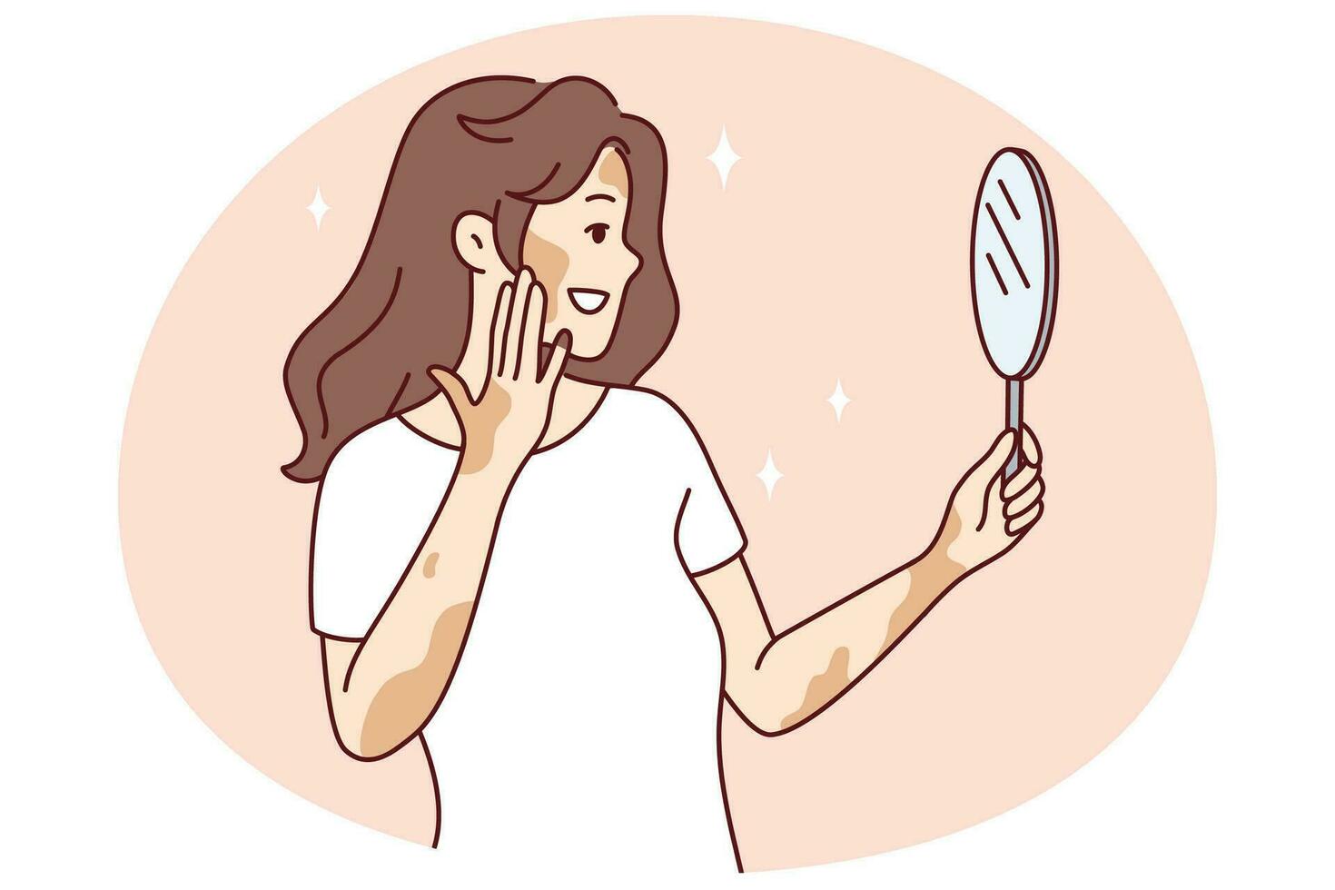 sonriente mujer con vitiligo Mira en espejo sensación cuerpo positivo. contento niña con piel enfermedad sensación satisfecho y optimista. protección de la piel y dermatología. vector ilustración.