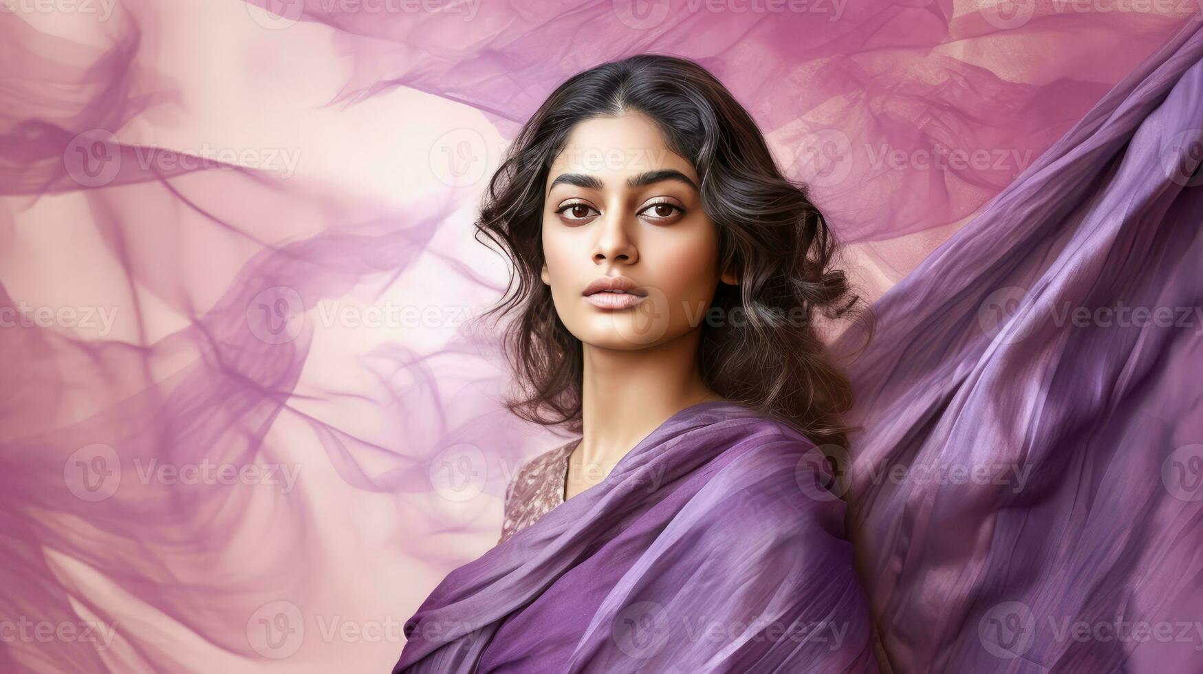 AI generated Elegant woman with dark hair draped in a purple veil photo