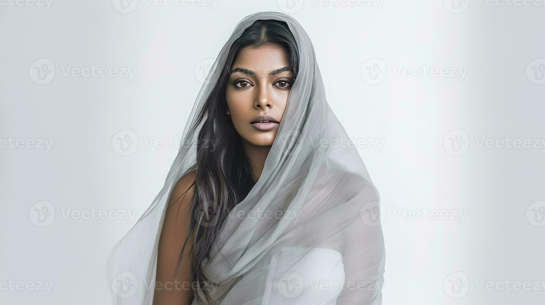 AI generated Beautiful woman with dark hair wearing a white veil photo