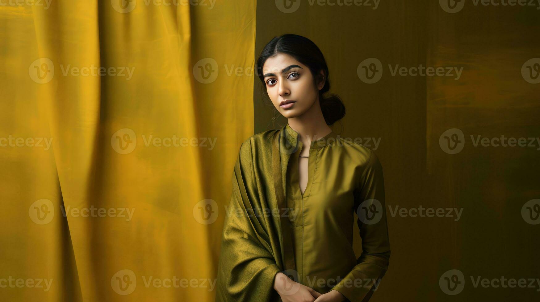 AI generated A woman in a green outfit is standing near a yellow curtain photo