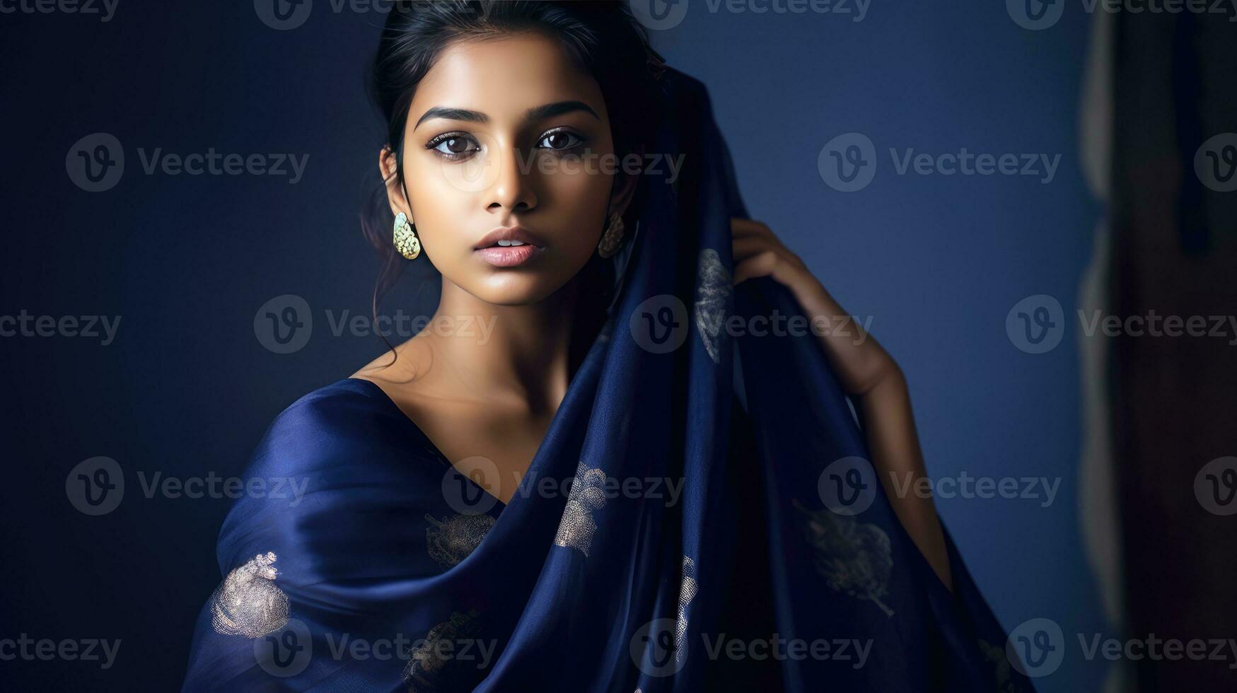 AI generated Woman draped in a stylish blue scarf photo